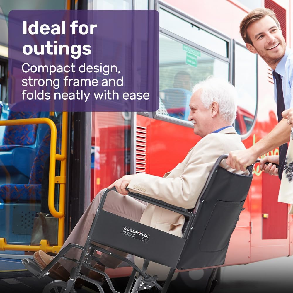 "Equipmed Folding Transit Manual Wheelchair, Attendant Propelled, Steel Frame, Wide Seat, Comfortable for S-XL, 114Kg Capacity, Park Brakes, Transport" image number 6