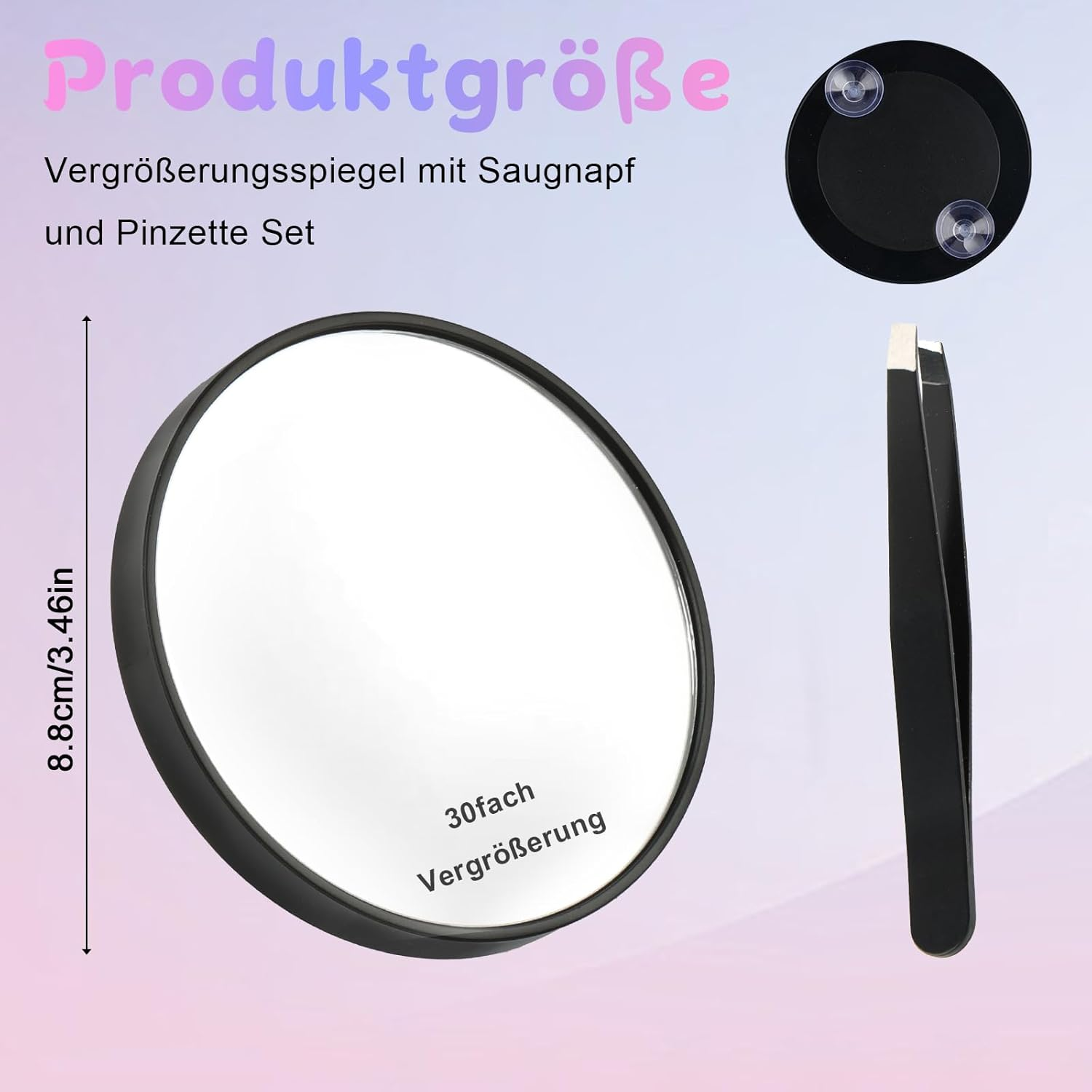 Deepton 30 X Magnifying Mirrors, 8.8 Cm with Suction Cup and Tweezers Set, Cosmetic Mirror with Magnification, Makeup Mirror for Makeup (30X/8.8 Cm)