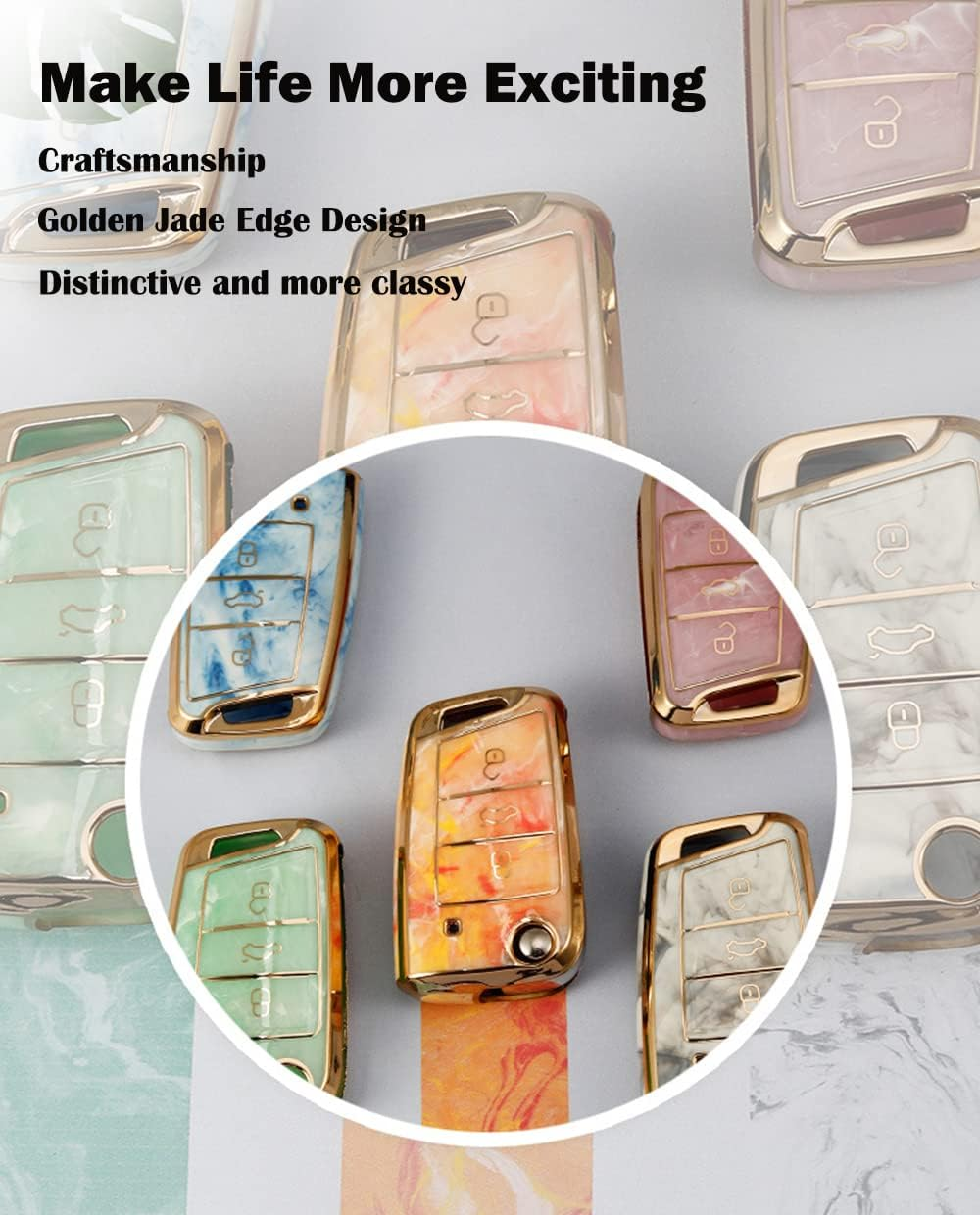 Ontto Tie-Dye Colour Car Key Fob Cover Fit for VW Golf 7 MK7 Polo T-ROC Tiguan Skoda Superb Octavia Seat Leon Ibiza Flip TPU Key Case Keyring Keychain Key Holder Accessories Pink