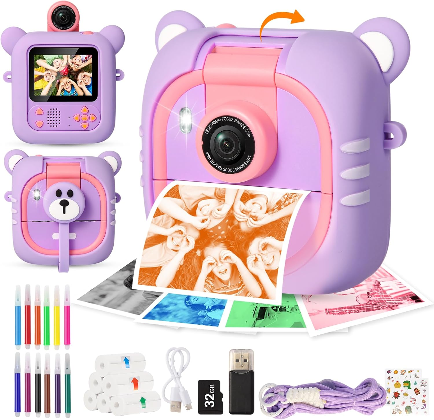 ARNSSIEN Kids Camera Instant Print, 7 Print Paper (4 Color: O/R/G/B+3 B&W), 2.4" Screen Instant Camera for Kids Ages 3-12,1080P, 180&deg;Flip Lens,32Gb Card- Christmas Birthday Present for Boys & Girls,M2