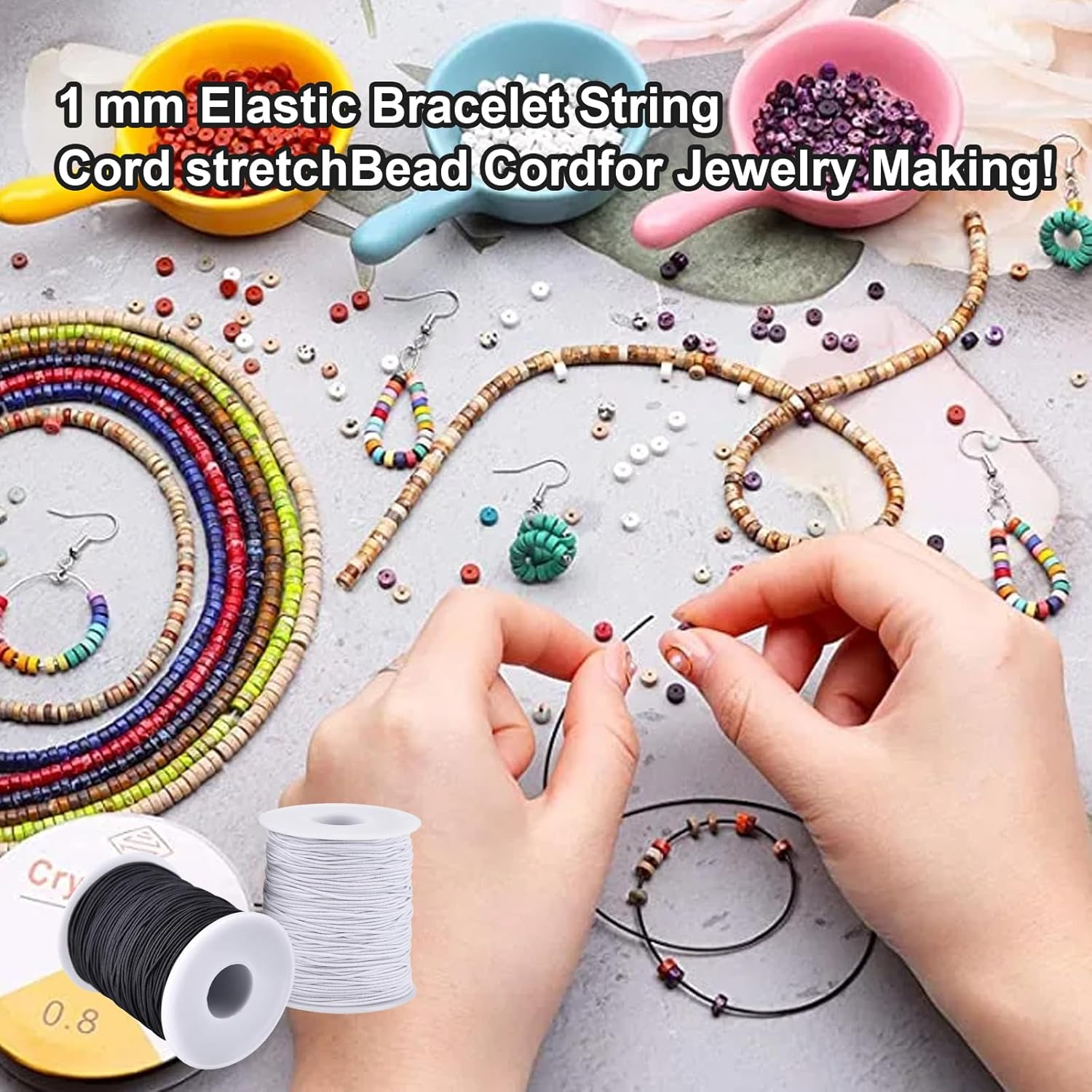 4 Roll 1 Mm Elastic String Cord Elastic Thread Beading String Cord for Jewellery Making Bracelets Beading (2White and 2Black)