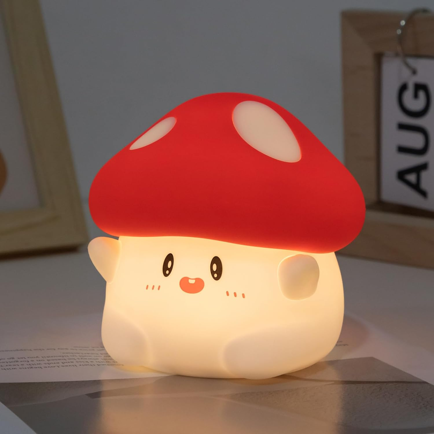 Mushroom Night Light, Cute LED Squishy Night Lamp, 2 Levels Dimmable, Rechargeable, Timer, White Silicone