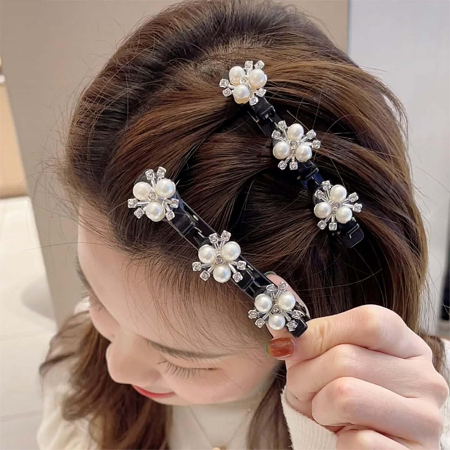 Braided Hair Clips with Sparkling Crystal Stone and 3 Small Clips Beaded Hairpin Duck Bill Clip Braided Hair Clip with Rhinestones for Women as a Gift (Style:B)