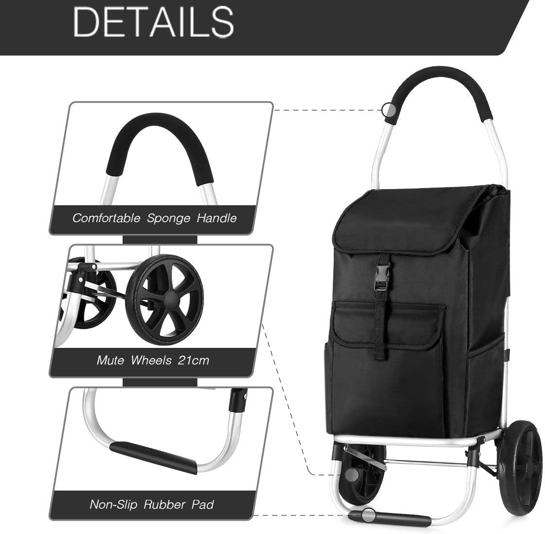Portable Shopping Cart Foldable Shopping Trolley with Wheels Black - Black-016B image number 5