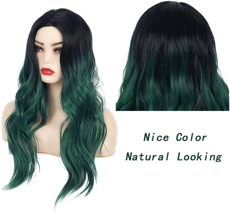 Beweig Long Curly Hair Waves Ombre Black Green Wig Synthetic Natural Middle Part Cosplay Costume Hair Women Wig image number 5