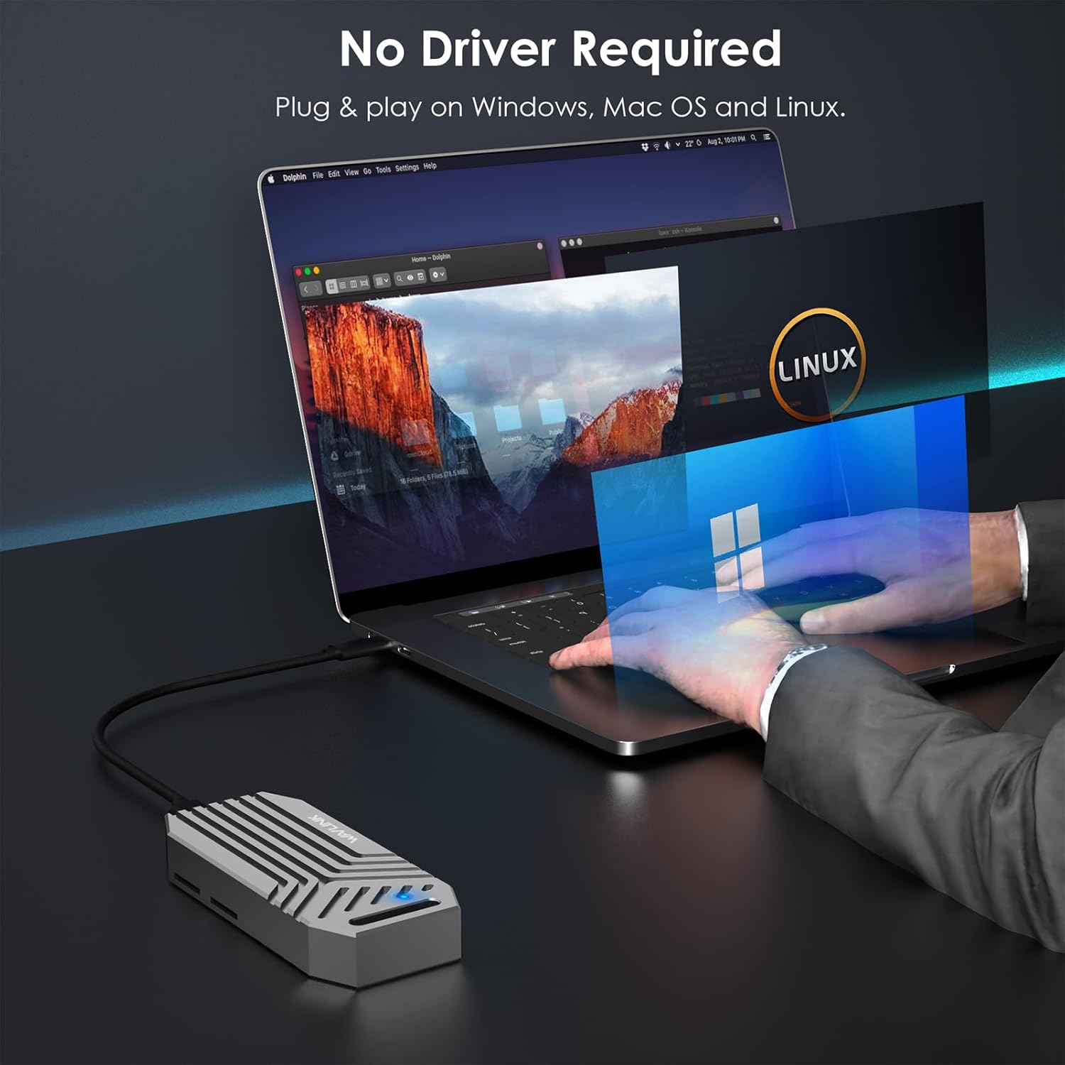 WAVLINK 40Gbps Pcie Nvme SSD Enclosure, USB4 External M.2 Nvme SSD Enclosure, for B+M/M-Key Pcie SSD 2280 Size, Tool-Free Installation, Compatible with Thunderbolt 4/3/USB4/USB C, Max up to 8TB image number 3