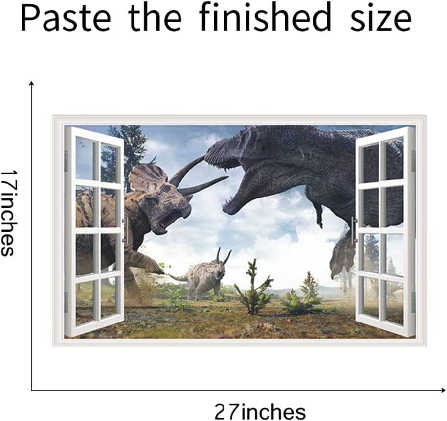 YOWOCAL 3D Watercolour Dinosaur World Fake Windows Wall Sticker,Self-Adhesive Removable Open Windows Wall Decals for Kids Nursery Bedroom Playroom Home Classroom Decor（27''X17''） image number 3