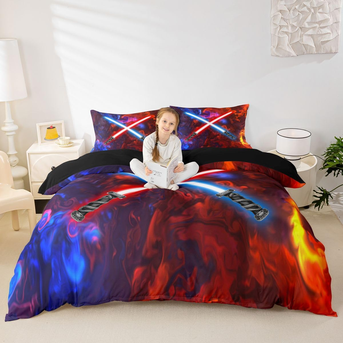 Feelyou Lightsaber Duvet Cover Lightning Red Blue Smokey Galaxy Bedding Set Future Technology Comforter Cover for Boys Girls Children Teens Bedroom Decor Bedspread Cover King Size with 2 Pillow Case