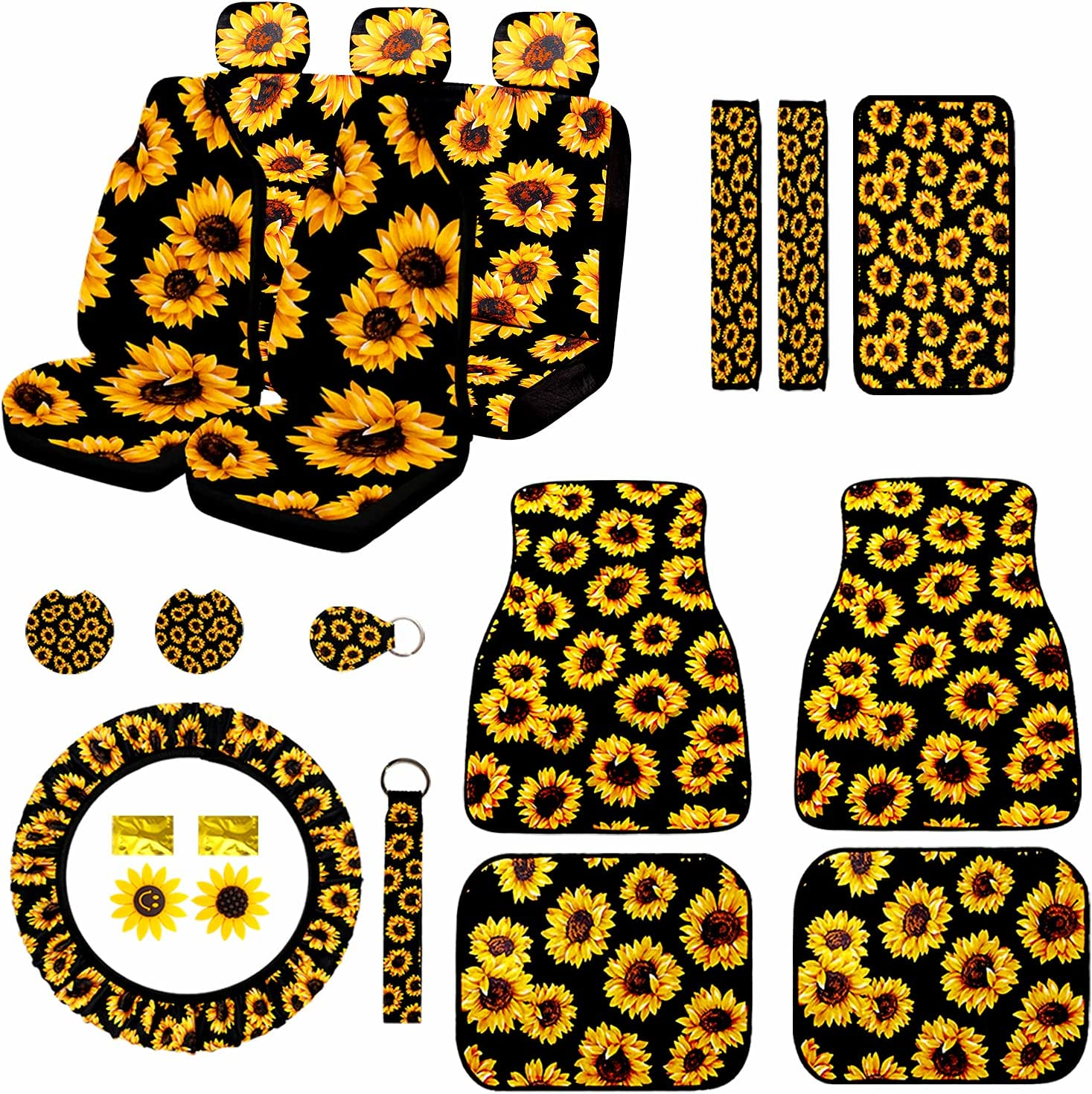 21PCS Sunflower Car Accessories Set, Sunflower Seat Covers, Sunflowers Car Mat, Sunflower Steering Wheel Cover, Universal Console Cover, Seat Belt Shoulder Pads, Keyring, Car Decor&Cup Coaster. image number 6