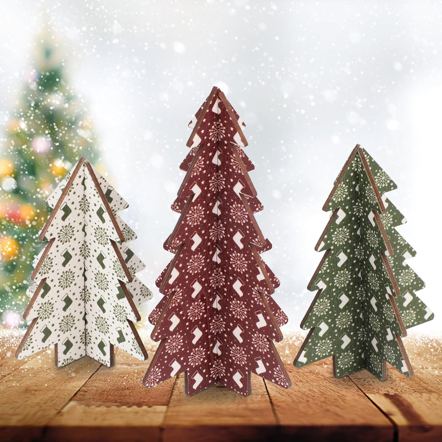 3Pcs Christmas Tree Table Decor, 3D Christmas Tree Tabletop Decorations Christmas Tree Centerpiece Wooden Signs Elk & Snowflakes Christmas Tree for Xmas Home Shelf Party Favors (3 Styles) image number 3