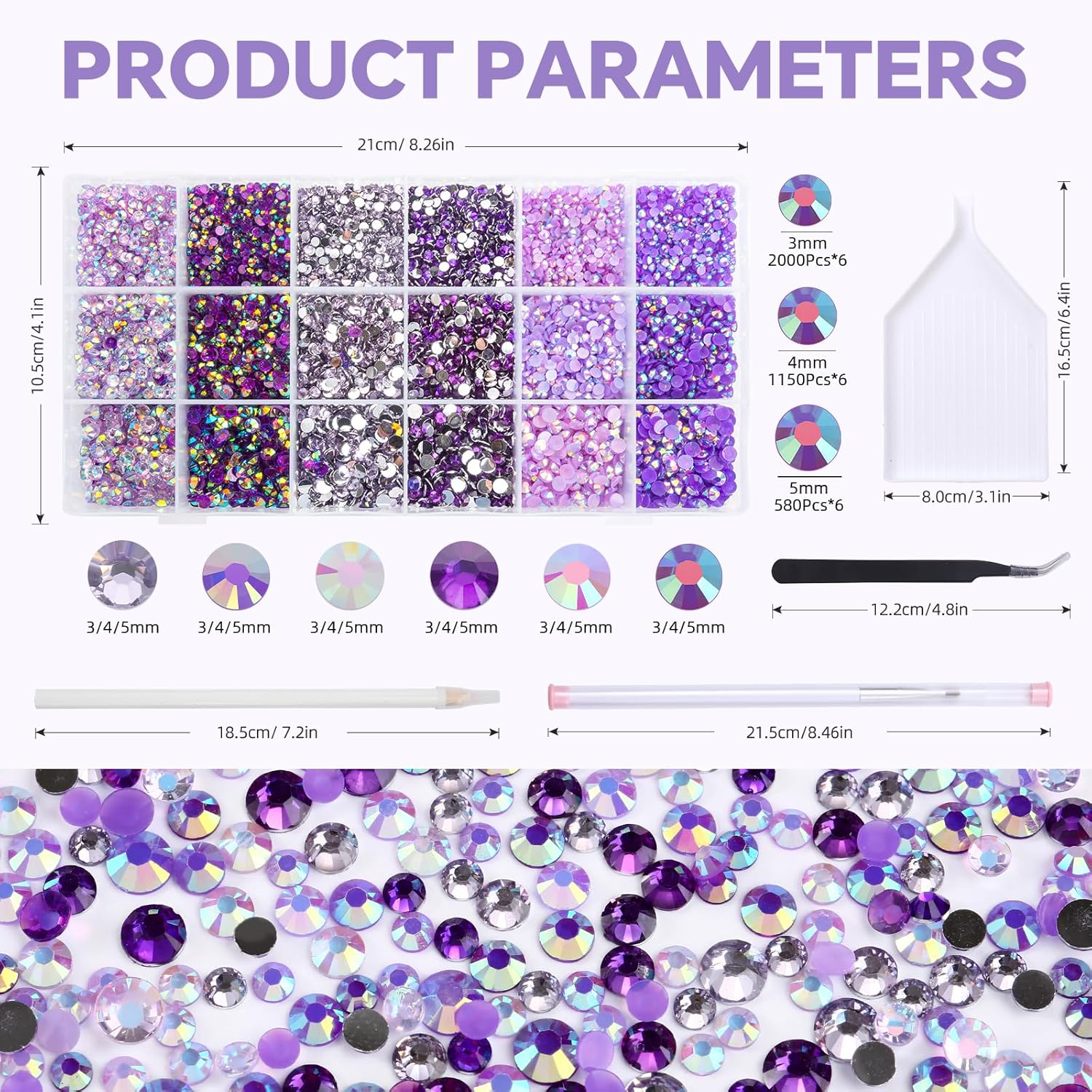 22380Pcs Purple Jelly Rhinestones Kit- Resin Mixed Color Rhinestones for Nail Clothes Shoes Tumblers Decoration Flat Back Round(3Mm,4Mm,5Mm) - 3Mm Christmas image number 2