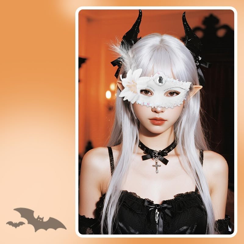 White Masquerade Eye Mask for Women Girls Cosplay Party Decoration Rhinestone Lace Feather Masks for Halloween Costumes Masquerade Accessories