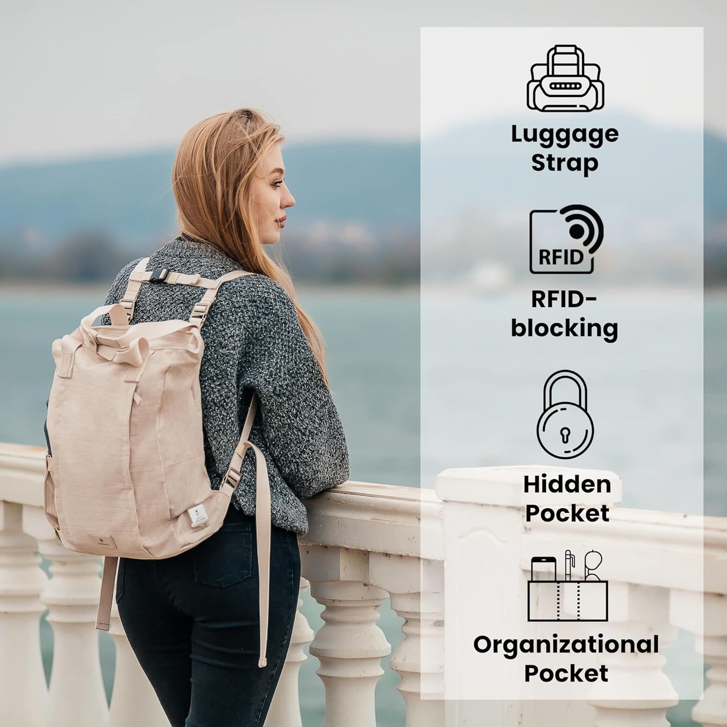 Nordace Siena II Totepack Travel Backpack for Men & Women with USB Charging Port, Water Resistant - Bookbag for Everyday - Beige image number 6