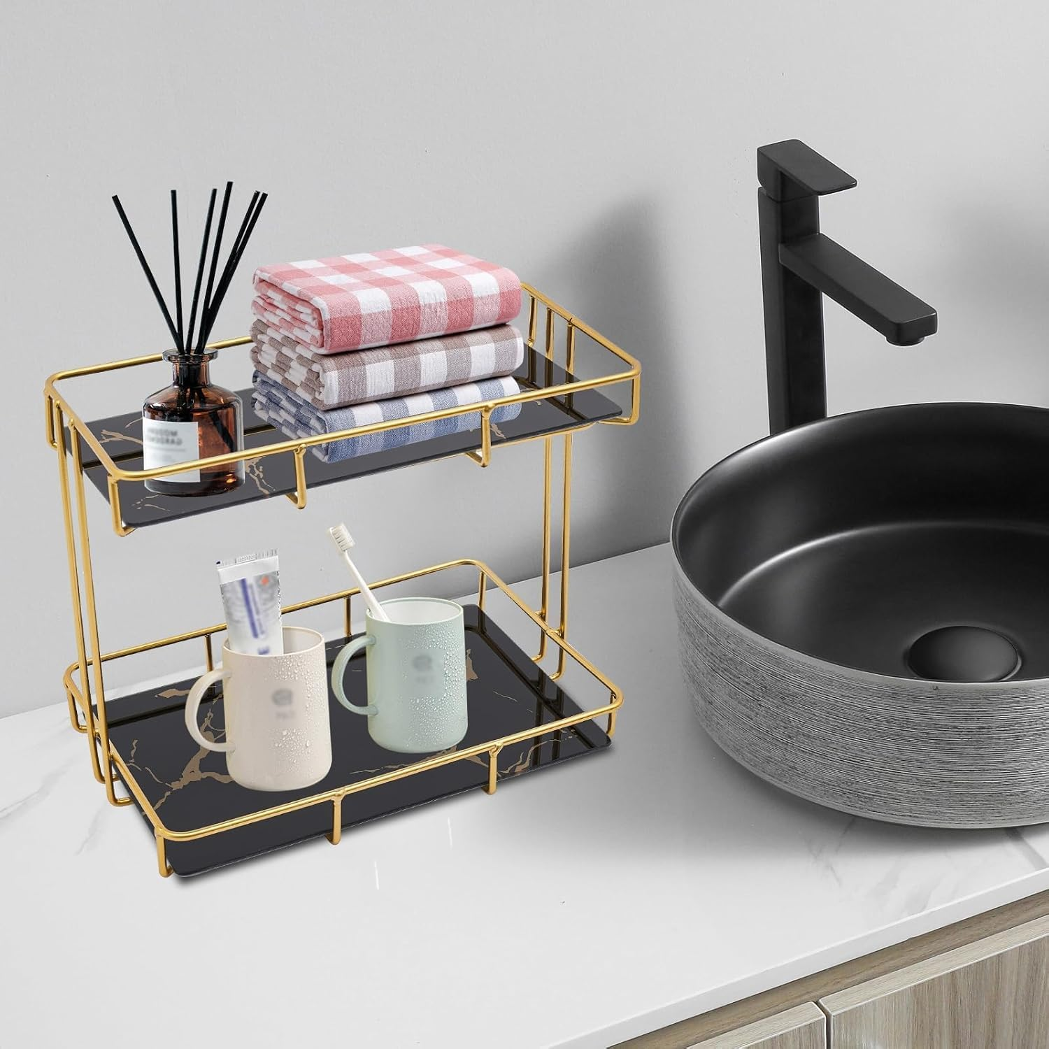 Bathroom Organizer Countertop Perfume Organizer, Makeup Organizer Cosmetics Storage Display Rack Vanity Tray, Dresser Stainless Steel Gold Shelf Marble Ceramic Tray (Black)