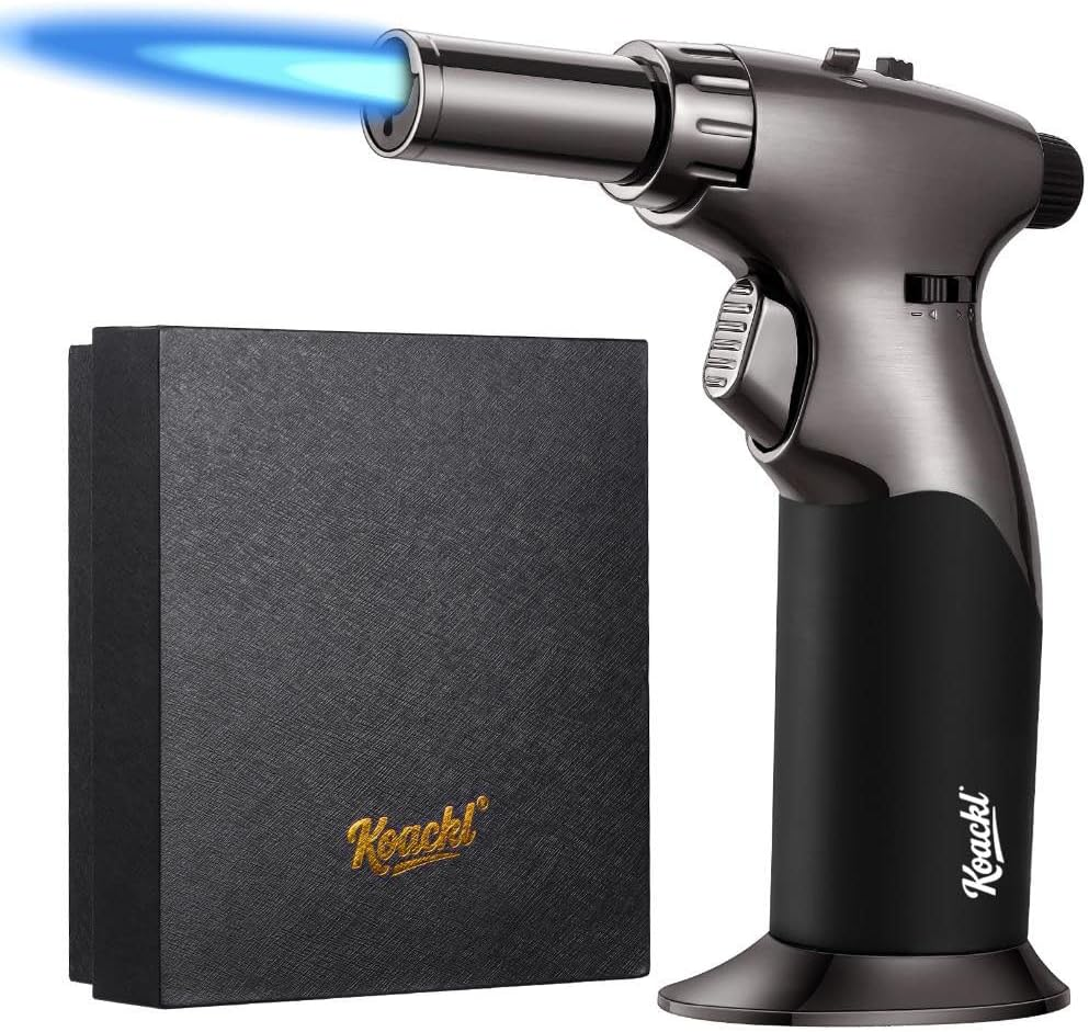 KOACKL Dual Flame Metal Blow Torch, Refillable Butane Torch, Adjustable Flame with Ignition Lock Mini Torch Lighter for Cooking, Creme Brulee, Soldering, Welding (Butane Gas Not Included)