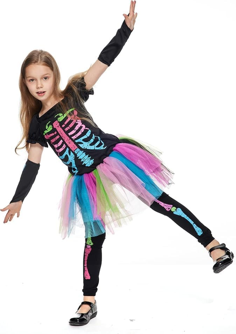 Girls Skeleton Costume, Glow in the Dark, Punk Bones Halloween Tutu Dress for Kids Halloween Party Dress Up image number 2