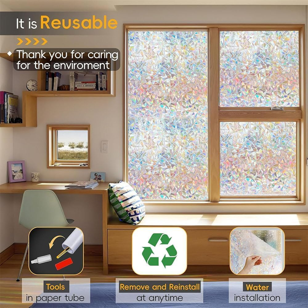JZS Window Film of Privacy, Stained Glass Window Film, Rainbow Decorative Window Cling, Sun Blocking Static Cling Window Stickers, Room Home Decor Window Cover, Non-Adhesive,45 X 200Cm,Scale Style image number 6