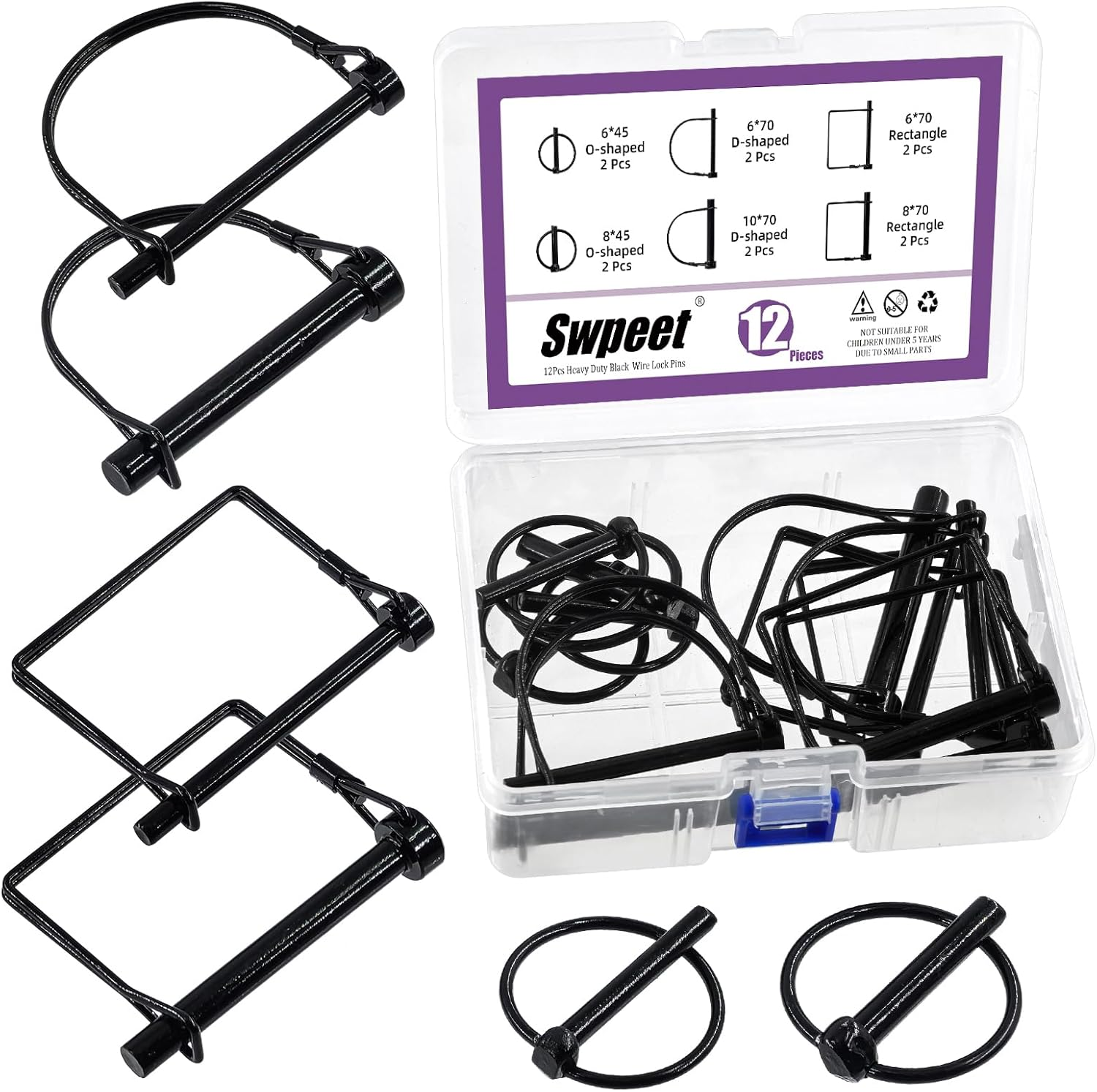 Swpeet 12Pcs 6 Sizes 1/4" 5/16" 3/8" Black Zinc Plated Heavy Duty Shaft Locking Pin Assortment Kit, Round/Square/Arch Safety Coupler Pin, Wire Lock Pin, Hitch Pto Pin for Trailers, Towing, Lawn image number 3