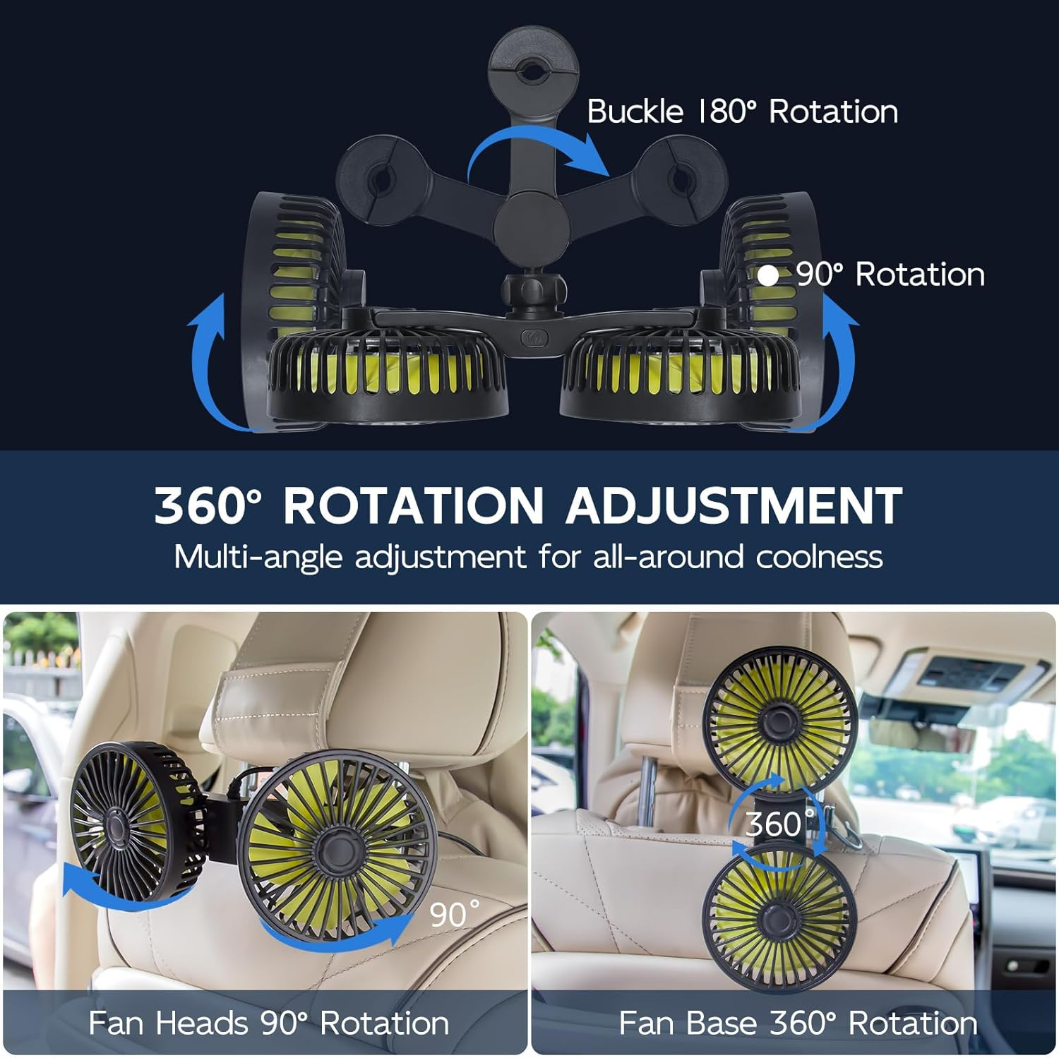 XOOL Car Fans for Backseat - Dual Head USB Cooling Car Fan for Kids, 360&deg; Rotatable Car Rear Headrest Fan, Air Circulation Fan with Adjustable Clip for Vehicles SUV RV Truck image number 4