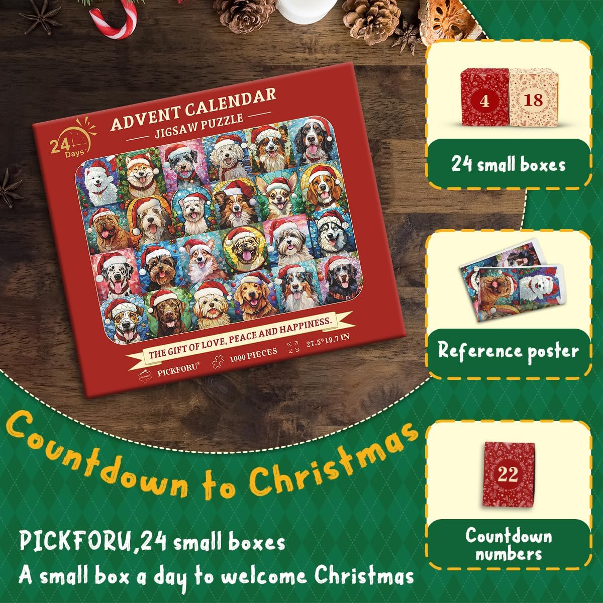 PICKFORU Christmas Advent Calendar 2024 Puzzles for Adults 1000 Pieces, Dog Mosaic Stained Glass Puzzle Countdown Calendar, Colorful Animal Christmas Jigsaw Puzzles as Home Decor image number 1