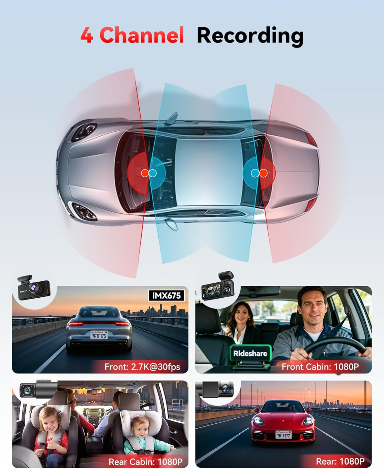 REDTIGER F17 plus 4 Channel Dash Cam 2.7K+1080P*3, STARVIS 2, 128GB Card, 360&deg; Front inside and Rear Cabin Car Camera, IR Night Vision, 5Ghz Wifi 6, GPS, Voice Control, Touch Screen, 24H Parking Mode image number 2