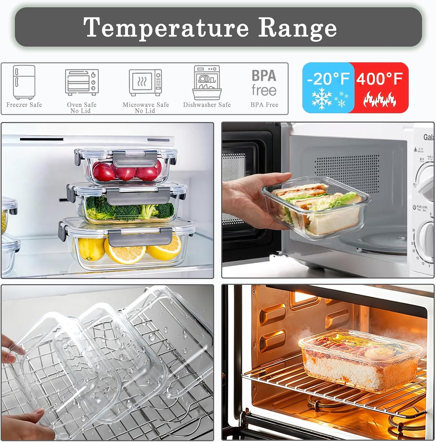 LIKHOPER Glass Food Storage Containers Set of 10 &ndash; 5 Small (370Ml) + 5 Large (1040Ml) Square Meal Prep Boxes with Lids, Leakproof Design for Lunch, Fridge, and Kitchen Storage image number 2