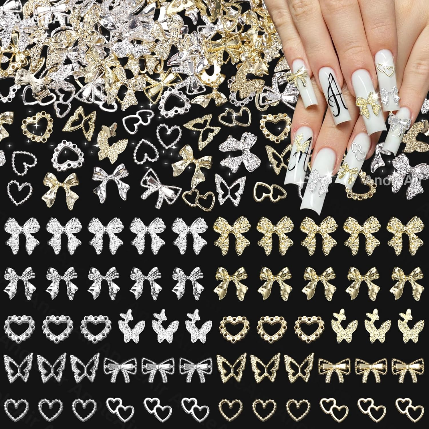 32 Styles 160 Pcs Metal Golden Bow Nail Charms, 3D Alloy Bow Bowkont Nail Charms for Acrylic Nails, Gold Bows Nail Art Charm for Nails DIY Y2K