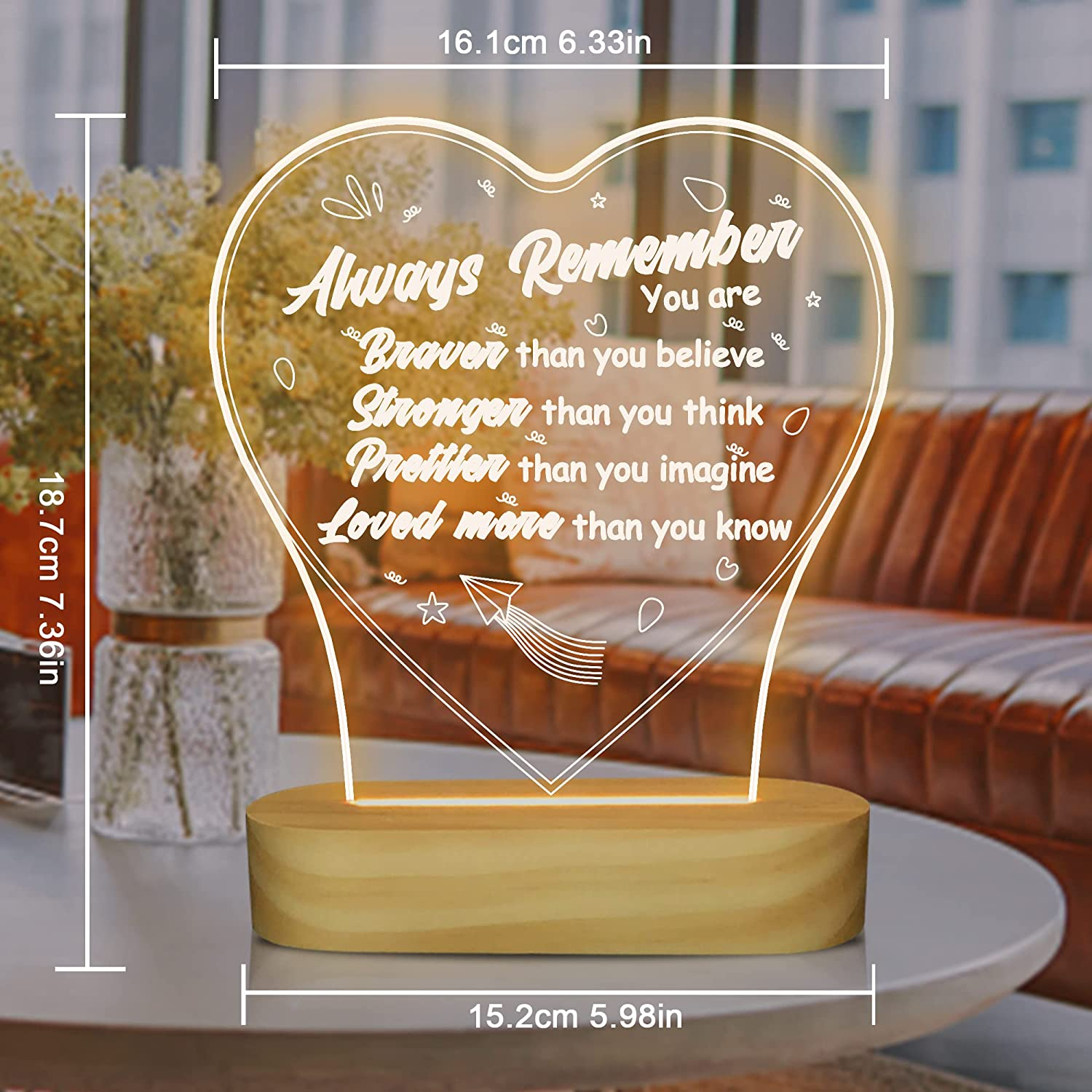 FULLOSUN Sister Present, Friendship Night Light Women Thank You Present, Warm White Wooden Desk Lamp, Inspirational Rakhi Birthday for BFF Friend Teenage - Love To Moon Frame image number 3