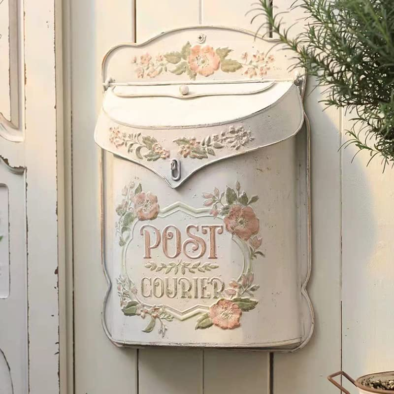 BIG FORTUNE Letterbox Mailbox Wall Mount Mailboxes for outside Vintage Mail Boxes/Wall Antique Style Nostalgic Charm Home Decor Metal Garden Flower Patter White - Blue image number 6