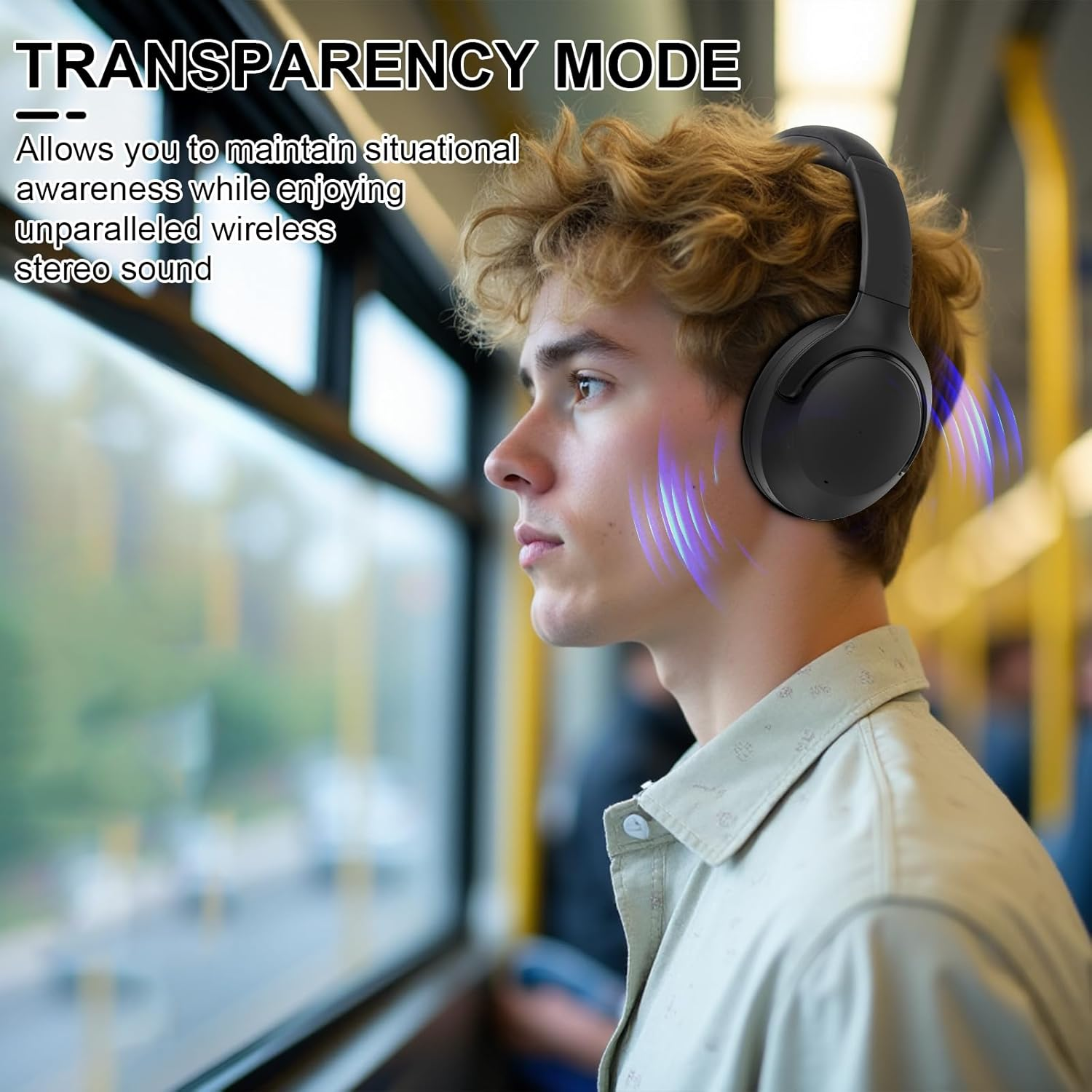 Noise Cancelling Headphones, 65H Bluetooth Headphones Custom EQ via App Headphones Wireless with Mic, Bluetooth 6.0 Detachable Cat Ears Foldable Headsets for Commuting Travel Work Home (Black) image number 6