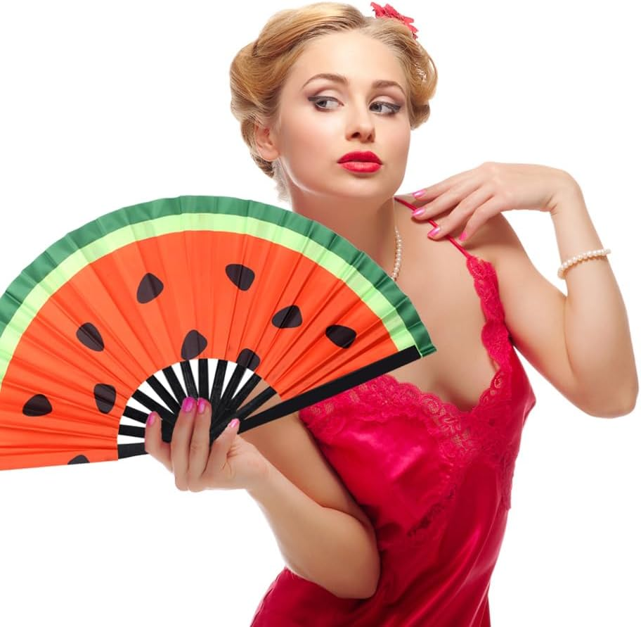 Plzoslly 2 PCS Large Folding Fan Bamboo Folding Hand Fan, Rave Fan Clack Folding Hand Fan Chinese/Japanese Nylon-Cloth Folding Fan for Festival, Dance, Performance, Party, Gift, Decoration(Watermelon) image number 1