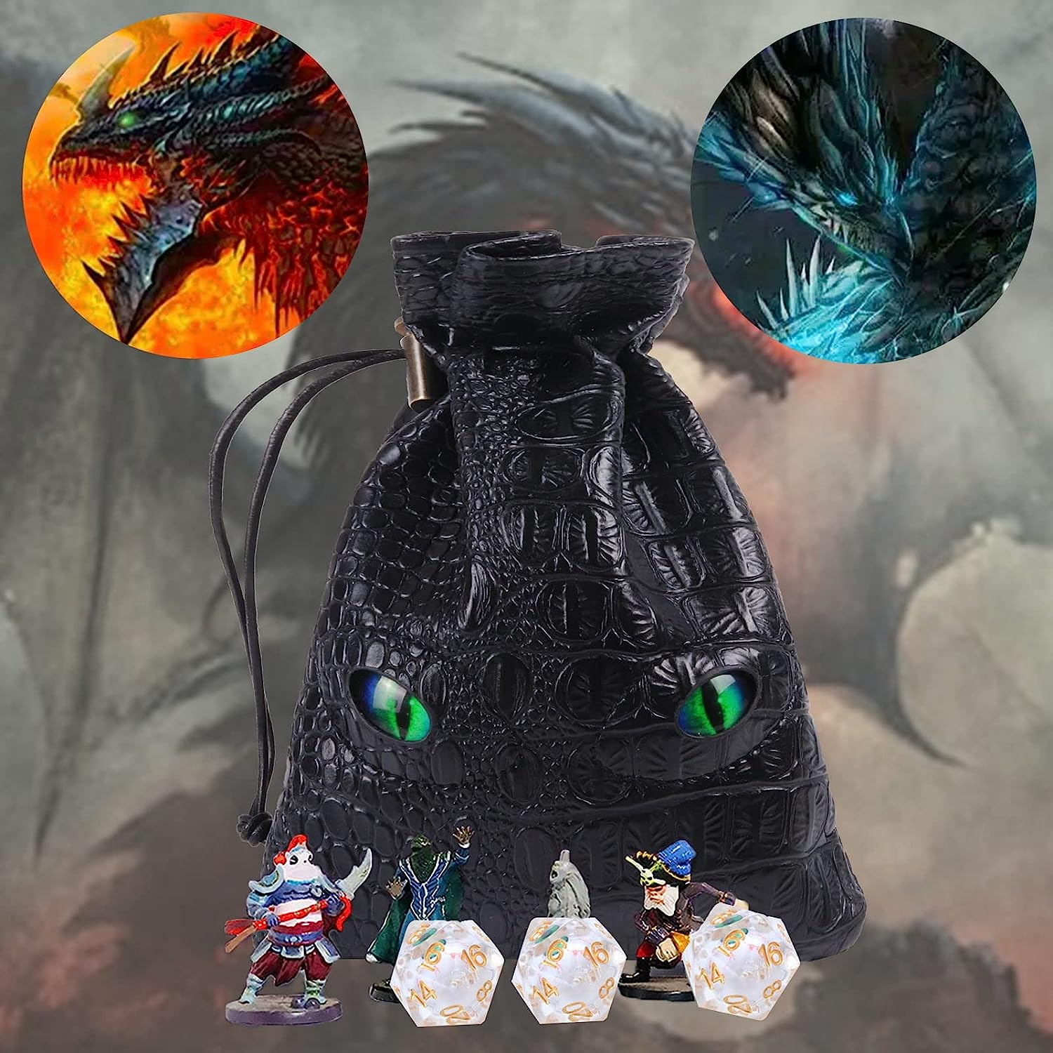 Black DND Dice Bag, DND Dice Bag with Green Eys Can Hold 6 DND Dice Sets, Fire Dragon Leather Coin Bag, Glows Green Light in Eyes, Suitable for DND, Fantasy RPG Game Accessories, Dice Not Included image number 1