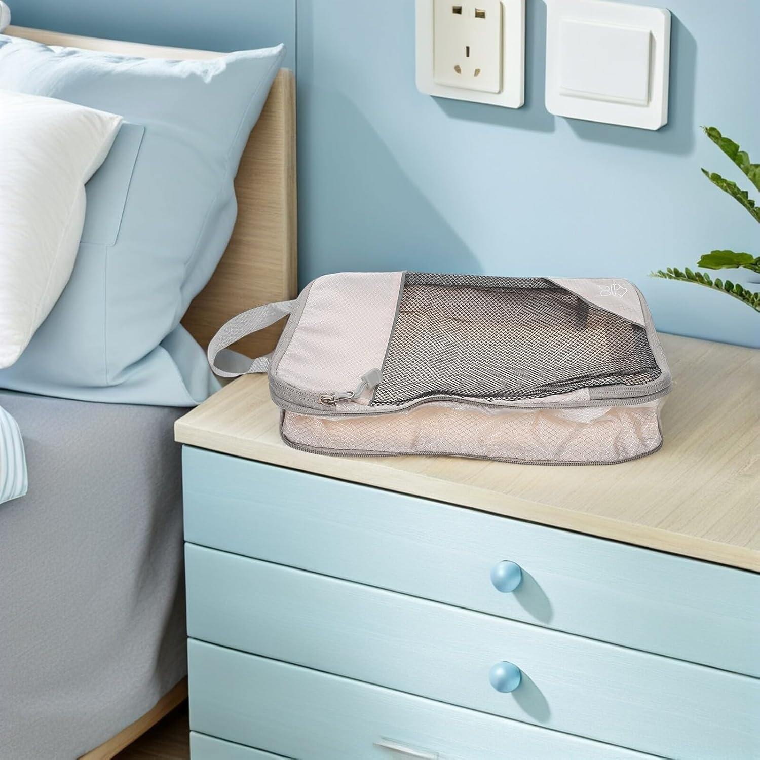 LALADEFIEE 3PCS Travel Compression Packing Cubes Set Expandable Beige Luggage Organizer Bags Double Zipper for Suitcase Storage and Travel Accessories image number 2