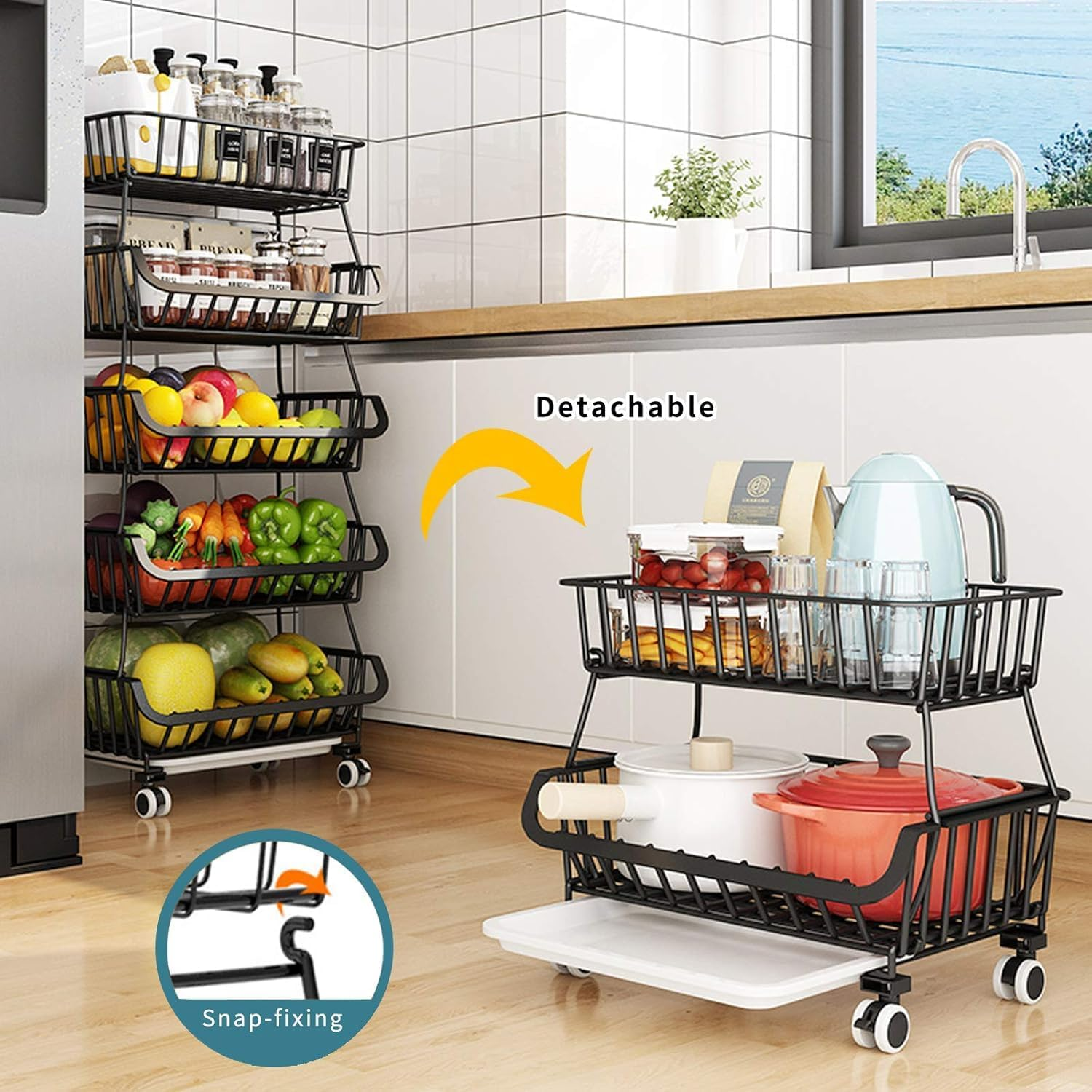 Carolyndesign Kitchen Storage Baskets Black Iron Wire Storage Bins with Wheels and Feet, Stackable Vegetable Storage Baskets (6-Tier Baskets) image number 3
