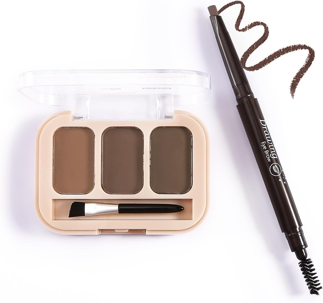 Boobeen 3 Colour Brow Powder and Dual-Ended Eyebrow Pencil Set with Angled Brush，Microblading Eyebrow Pen with Spiral Brush，Creates 3D Brows All Day Long