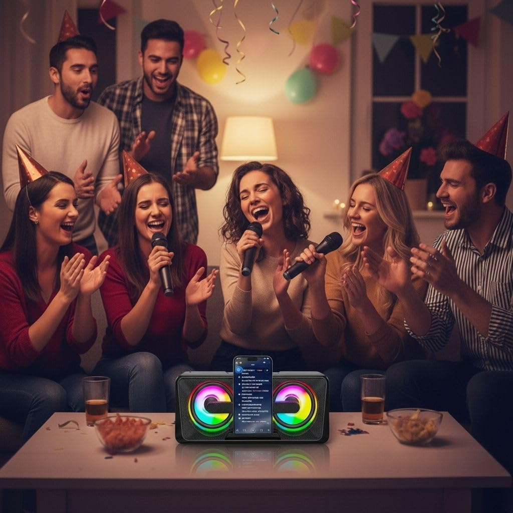 Karaoke Machine with Two Wireless Microphones, Portable Bluetooth Speaker, Karaoke Machine for Adults and Kids, PA System for Home Party, Outdoor, LED Lights, Supports USB/AUX/TF Card Bluetooth image number 4