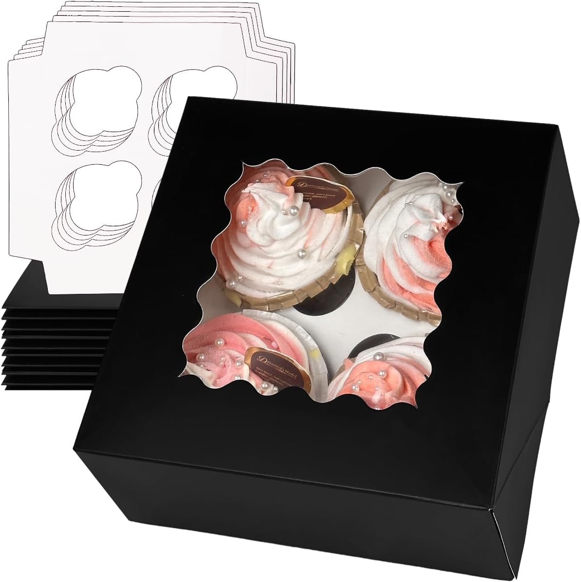 Qiqee Black 4 Cupcake Boxes with Window 12 Packs Cupcake Box 16X16X7.6Cm Bakery Boxes for Cupcakes Carrier, Cupcake Containers (6.3"X6.3"X3" Inch, Auto-Pop Up) image number 1