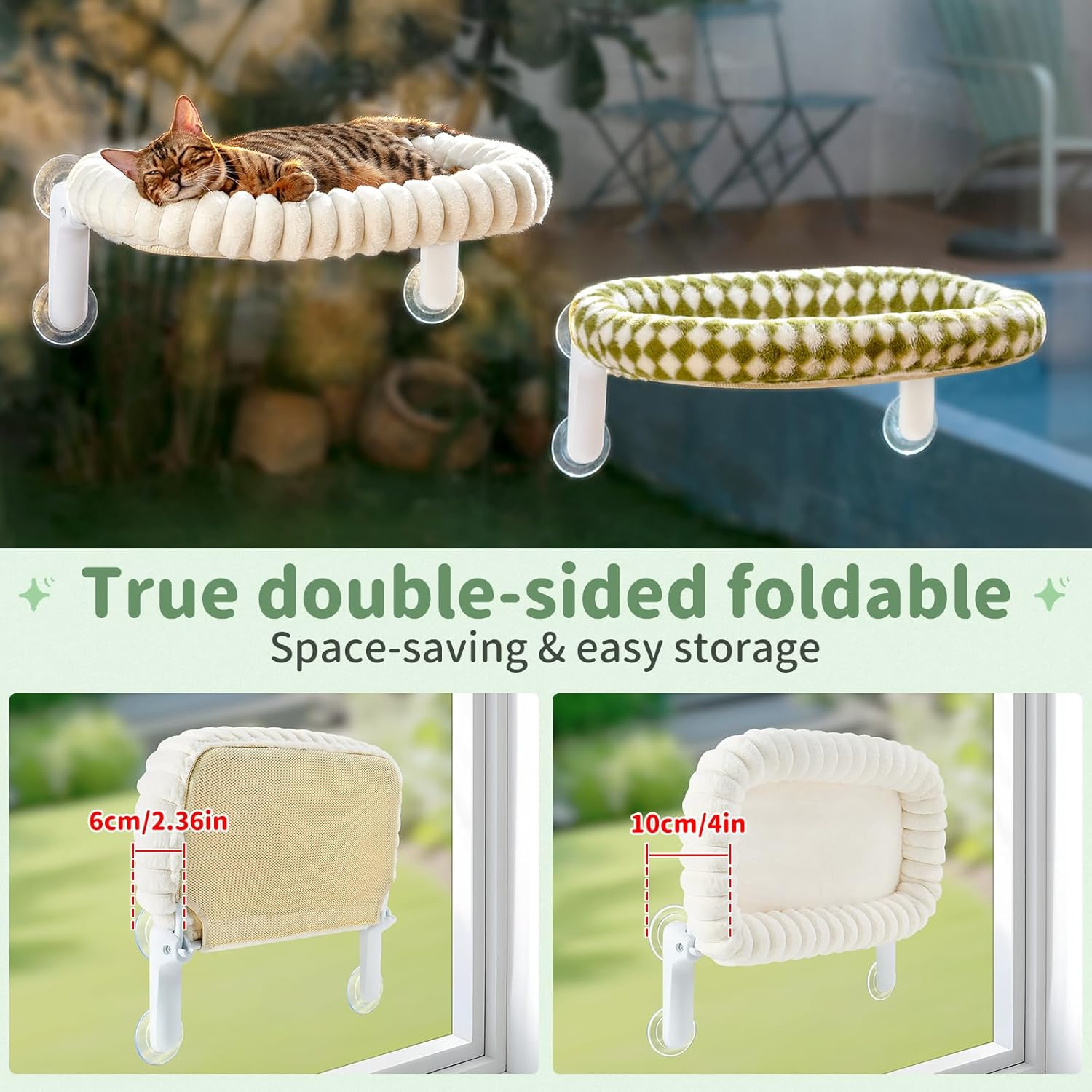 Sunhoo Cat Window Perch Bed Foldable Kitty Windowsill Hammock Shelf Seat Large Cats Suction Cup Indoor Kitten Window Sill Lounger with Soft Plush Cushion Machine Washable 21.26 * 11.8In (White, M) image number 3