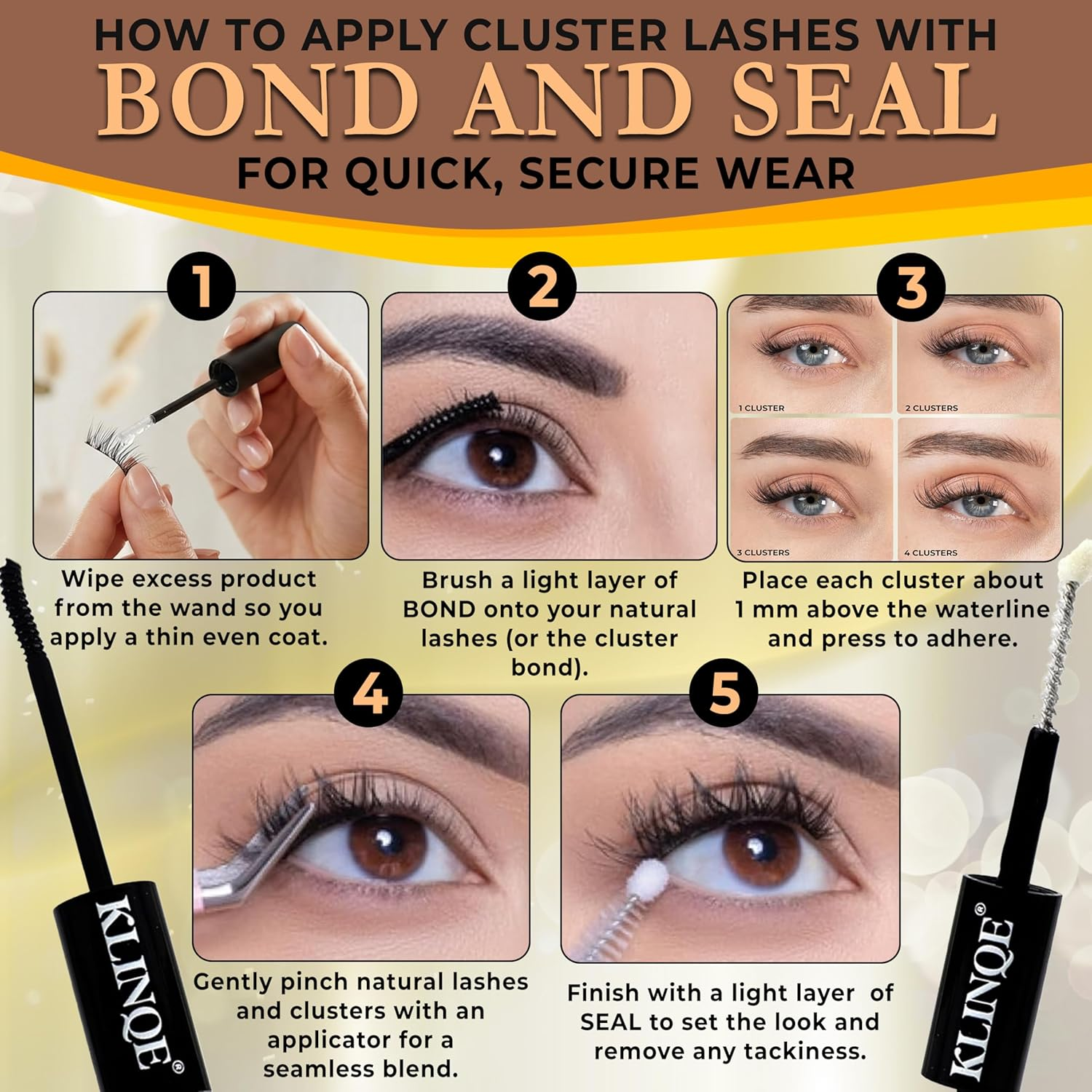 KLINQE Bond and Seal 2 in 1 Eyelash Glue &ndash; Waterproof, Long-Lasting Hold, Latex-Free Cluster Lash Adhesive for DIY Lash Extensions (Black Bond & Clear Seal, 10Ml)