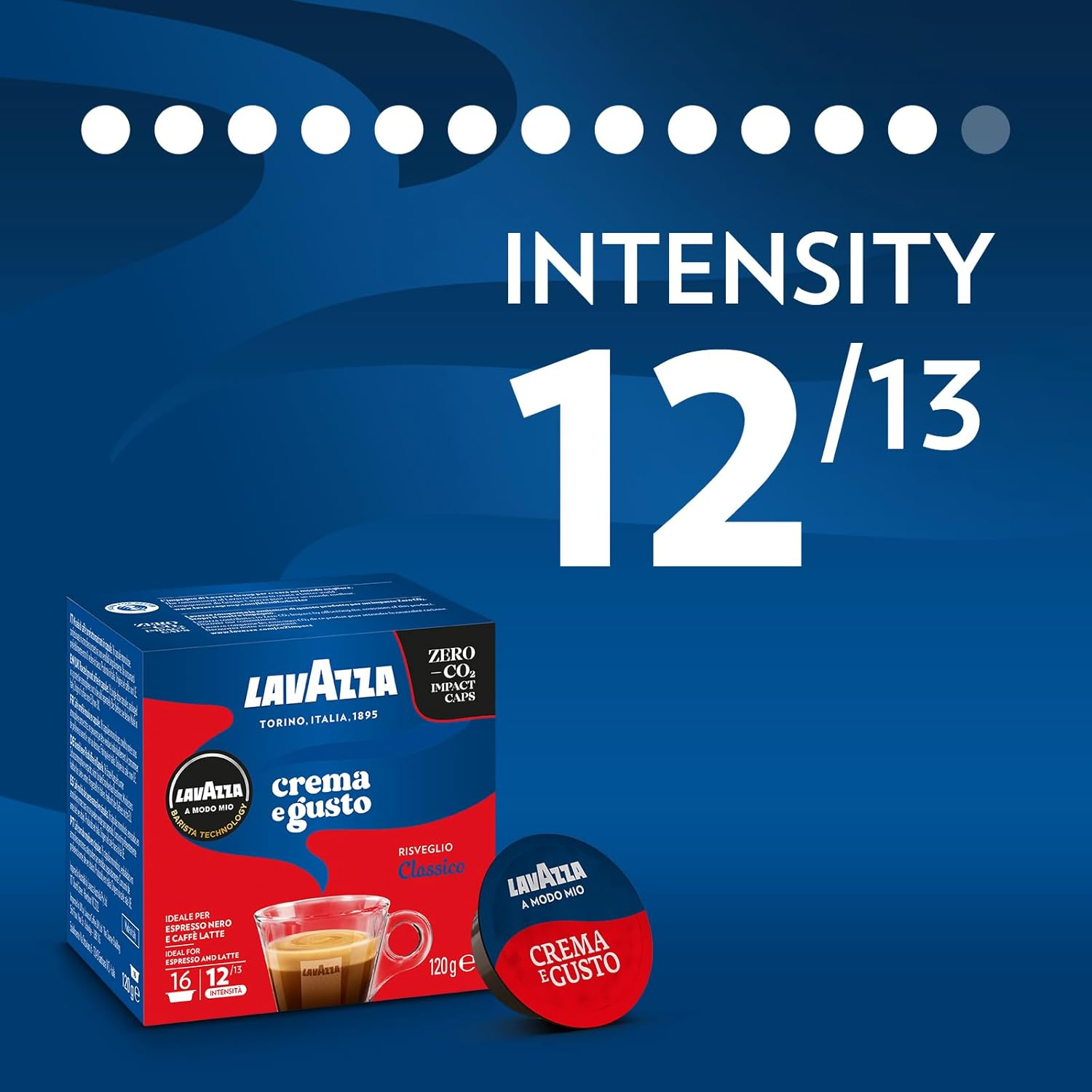 Lavazza, a Modo Mio Crema E Gusto Classico, 16 Coffee Capsules, for an Espresso with Chocolate and Dried Fruit Notes, Arabica and Robusta, Intensity 12/13, Medium Roast