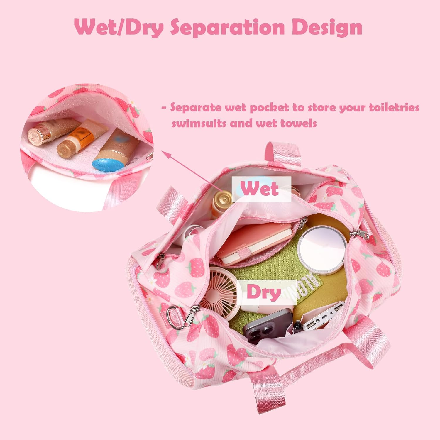 Ballet Bag for Girls, Strawberry Dance Bag with Plush Pendant Small Dance Bag Gymnastics Sport Bag Overnight Travel Sleepover Bags with Wet and Dry for Toddler Girls Age 4-6 image number 2