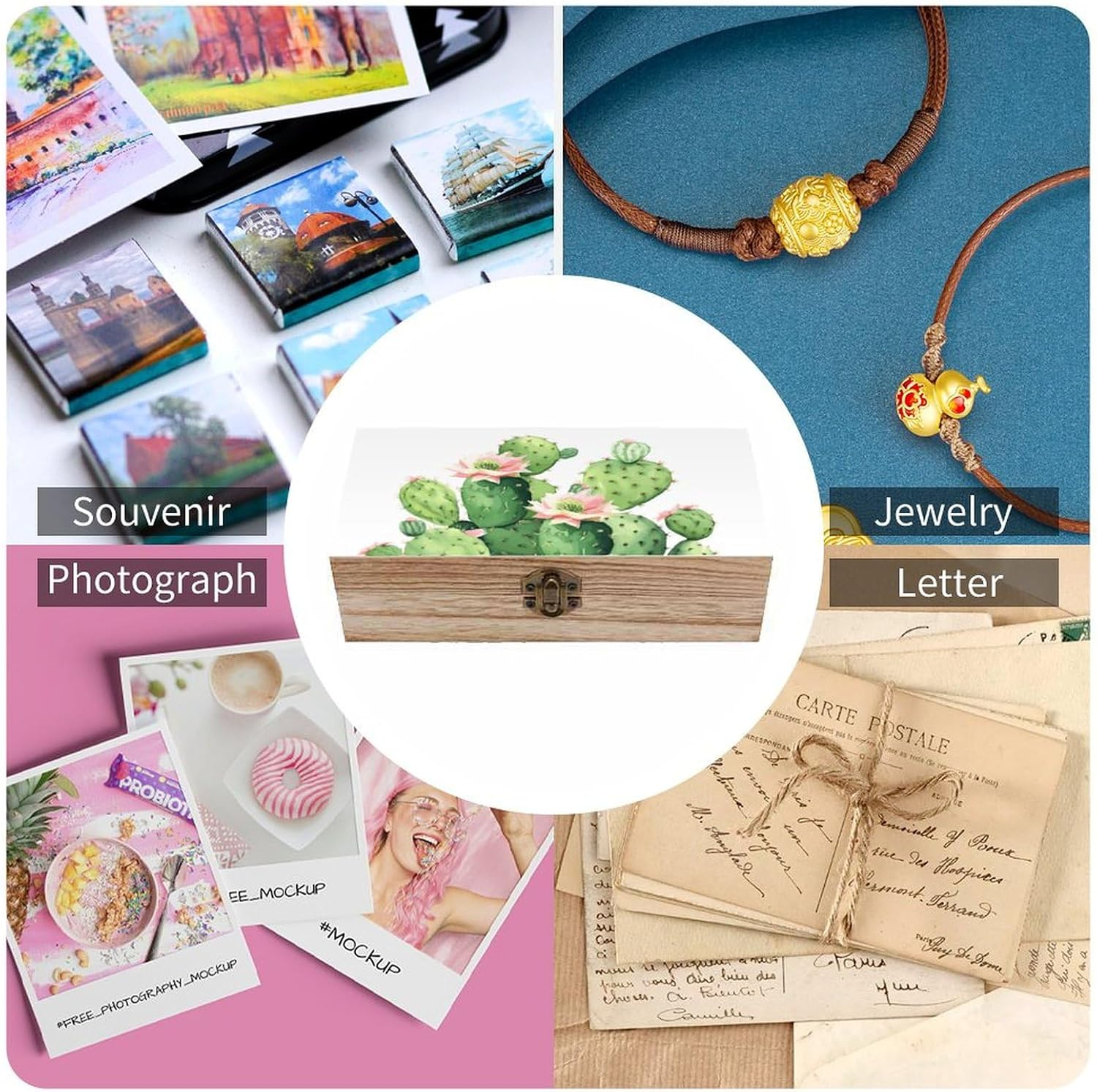 Cactus Wooden Box Wood Wedding Keepsake Boxes with Lids Small Decorative Boxes Lightweight Wooden Memory Storage Box for Crafts Keepsakes Jewelry Photo Letter Storage image number 4