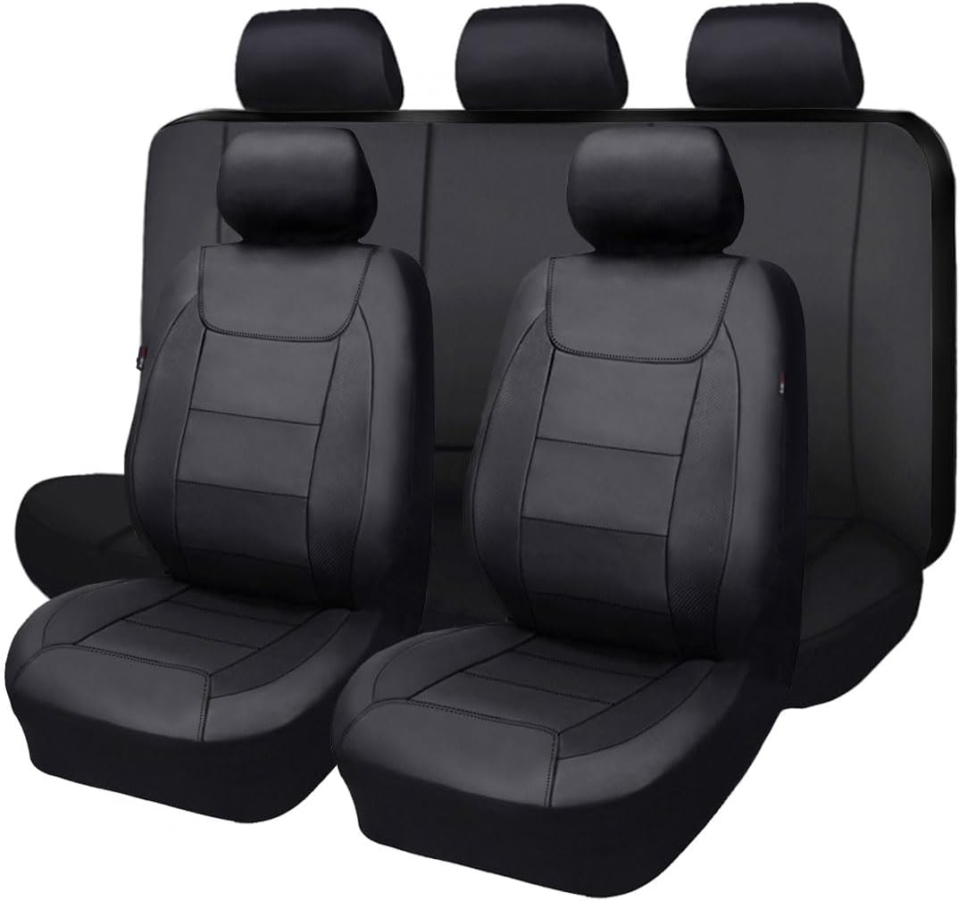 Flying Banner Car Seat Covers Protects Water Proof Faux Leather Carbon Fiber Front and Rear Bench (Black, Full Set - 8PCS)