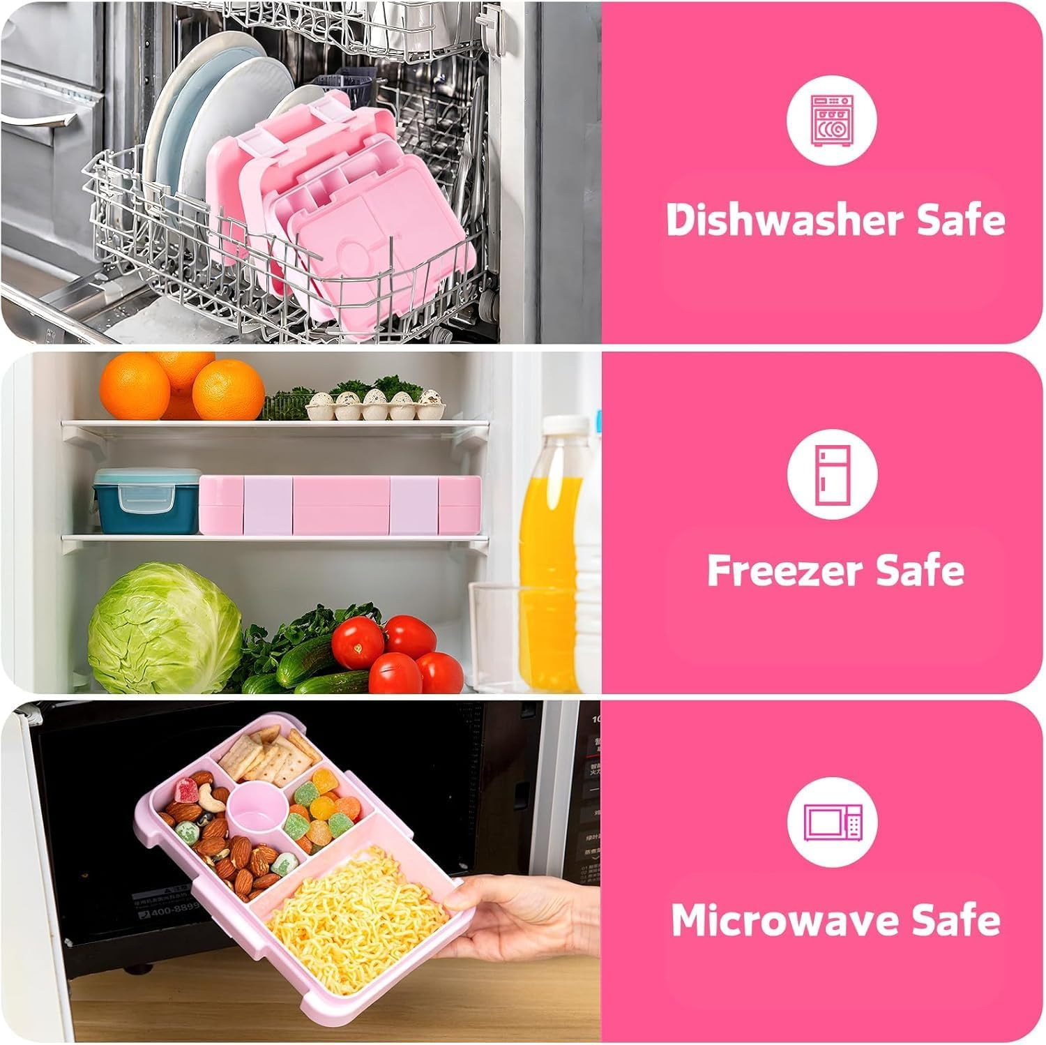 Bento Box, Double Buckle Leakproof Bento Lunch Box, Lunch Containers for Adult Kids with 5 Compartments, Snack Containers for on the Go Meal, Food Tray BPA Free (Pink)