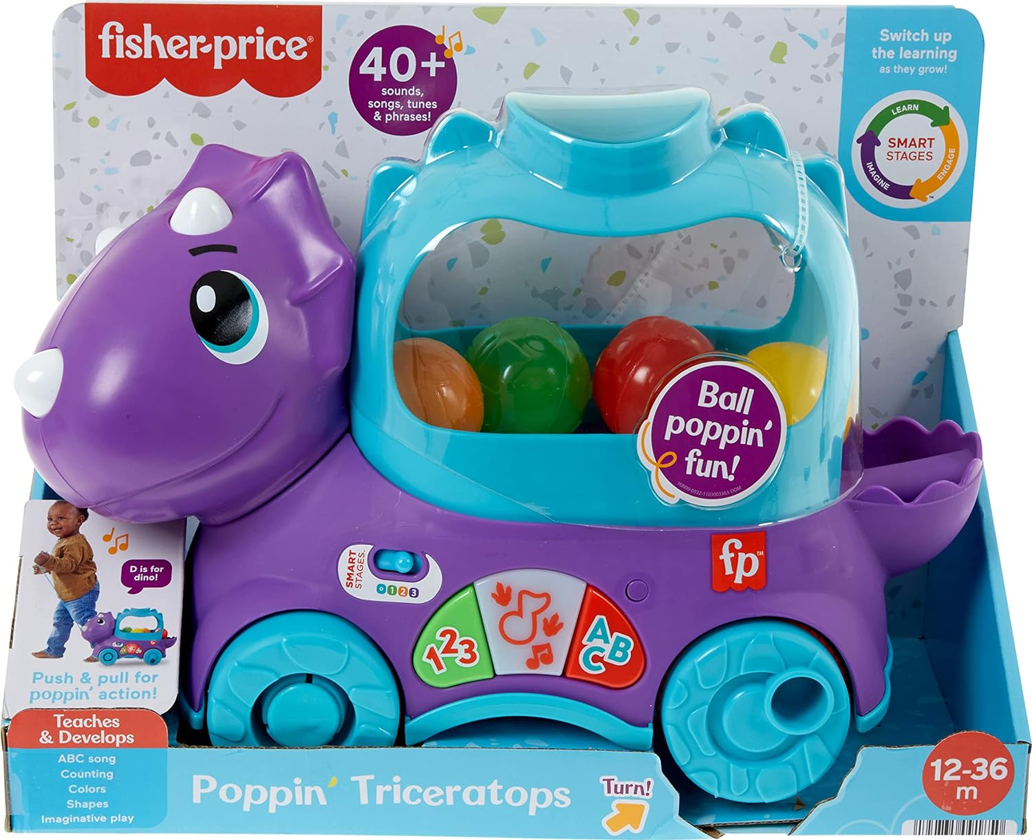 Fisher-Price Toddler Learning Toy Poppin&rsquo; Triceratops Dinosaur Pull-Along Ball Popper with Smart Stages for Ages 1+ Years image number 3