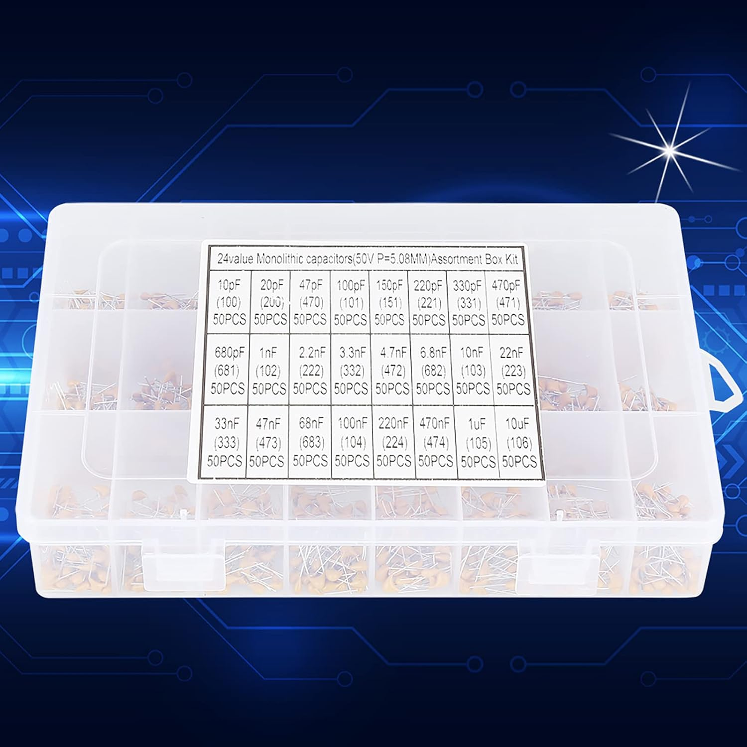 1200Pcs 24 Values 50V Capacitor Assortment, Compact and High-Capacitance Capacitors for Electronics Enthusiasts, Mattjo with Transparent Box for Easy Storage image number 6
