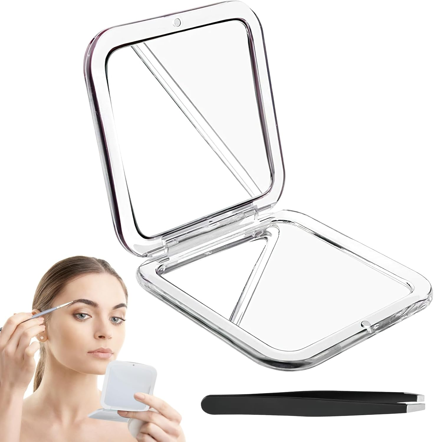 UOCAI Foldable Travel Mirror with 15X Magnifying Mirror and Tweezers, Double-Sided Compact Mirror with Magnification, Square Cosmetic Mirror, Travel Mirror Small for Purses, Handbags image number 5