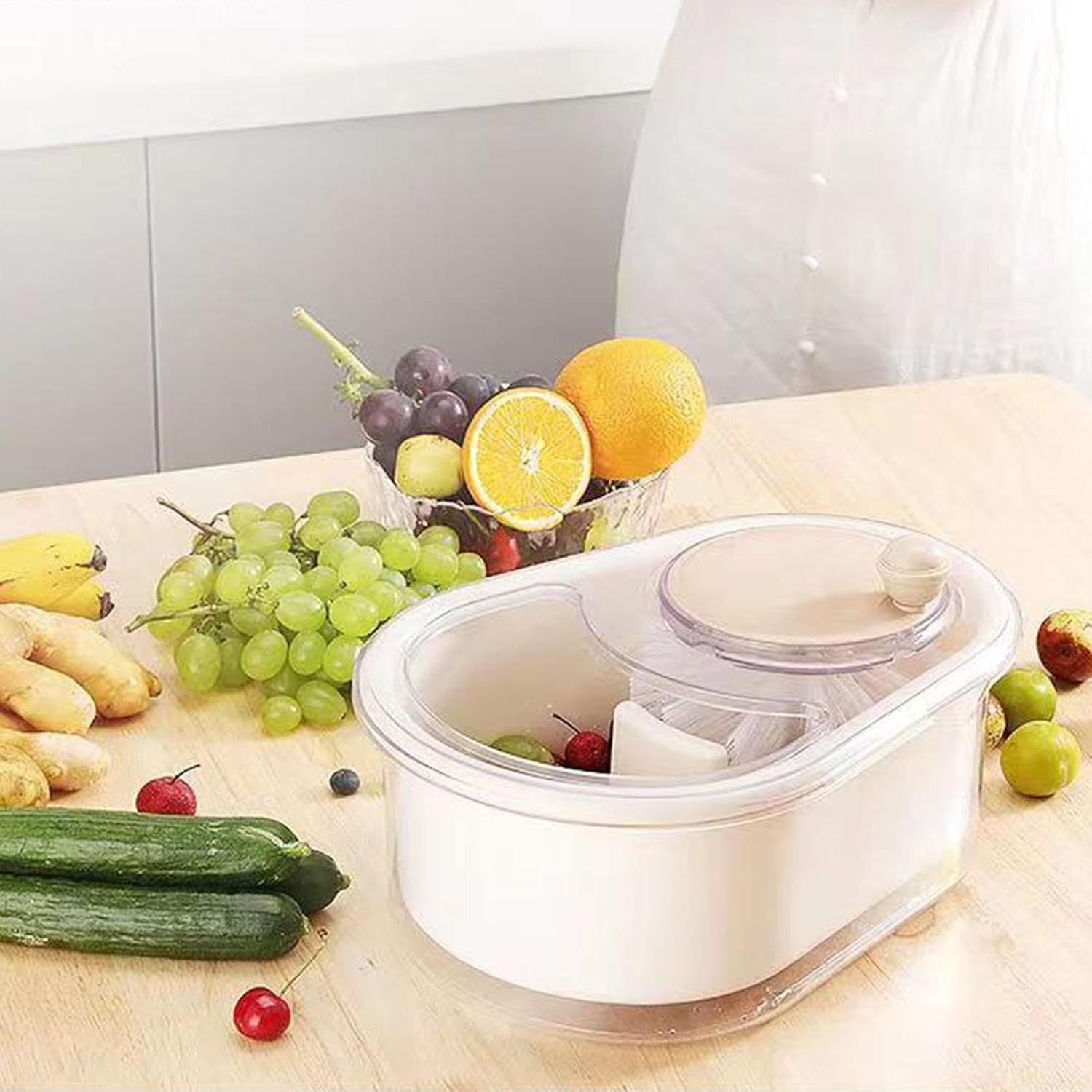 Fruit Cleaner Spinner - Fruit Spinner and Strainer | Vegetable Scrubber with Lid Brush, Colander and Bowl | Kitchen Scrubber | Labor-Saving | Efficient Cleaning for Berries image number 6