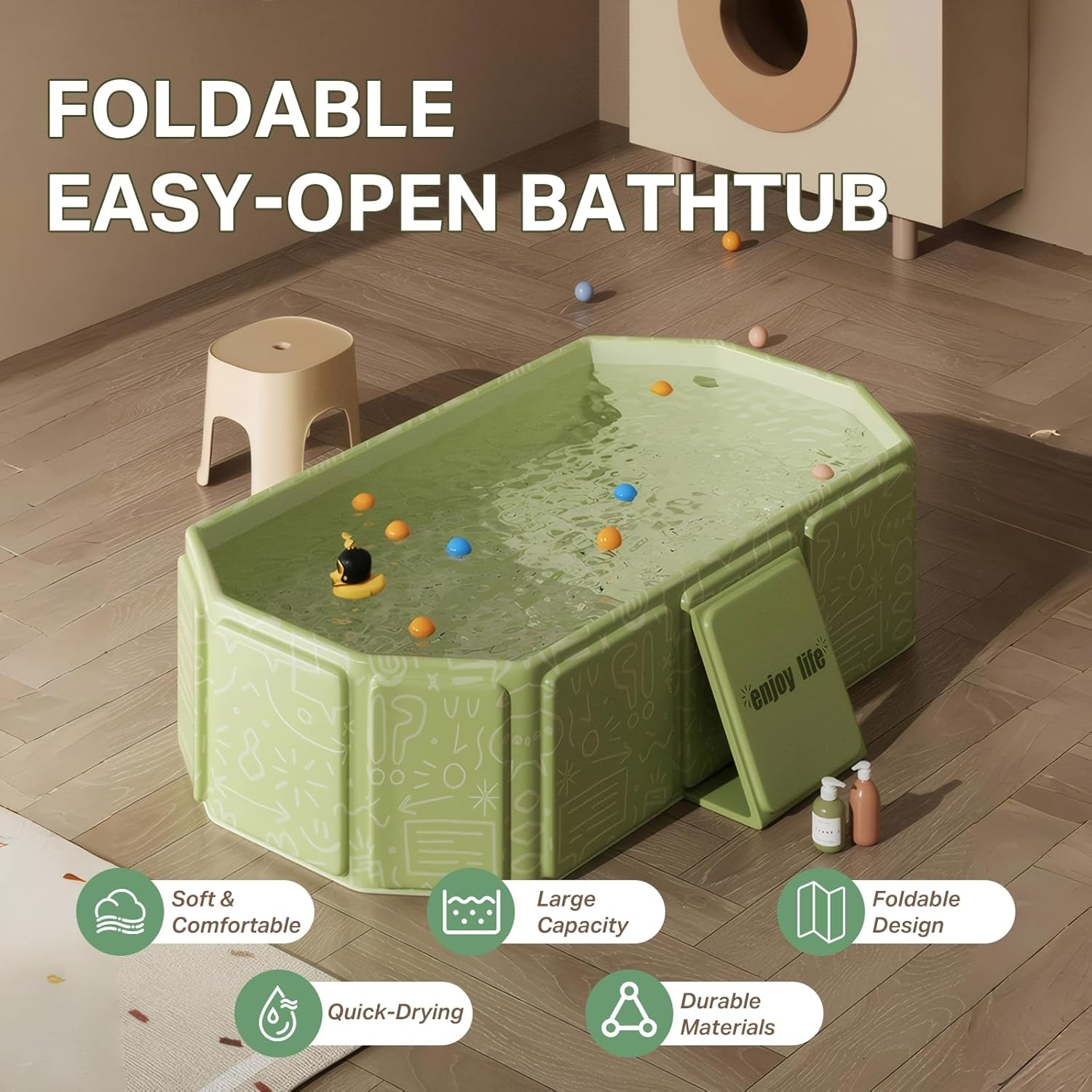 Portable Baby Bathtub, Foldable Tub for Shower, Collapsible Travel Tub to Toddler 70&times;75Cm (Green) image number 3