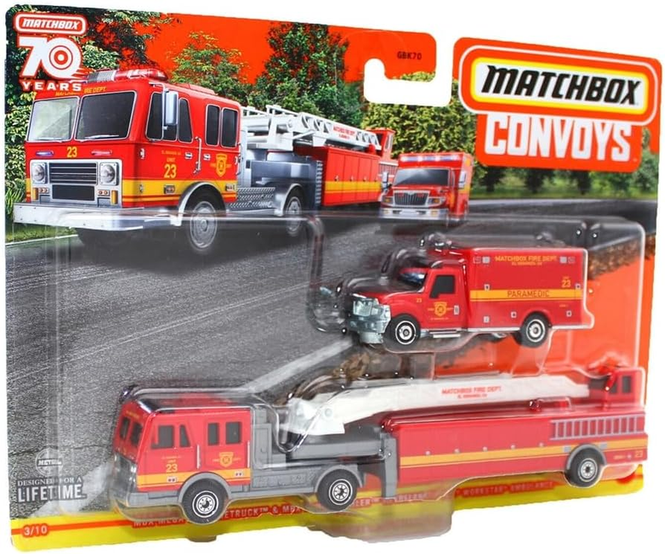 Collectible Die-Cast Matchbox Convoys Truck and Trailer Playset - MBX Mega Ton Firetruck with Trailer and International Workstar Ambulance